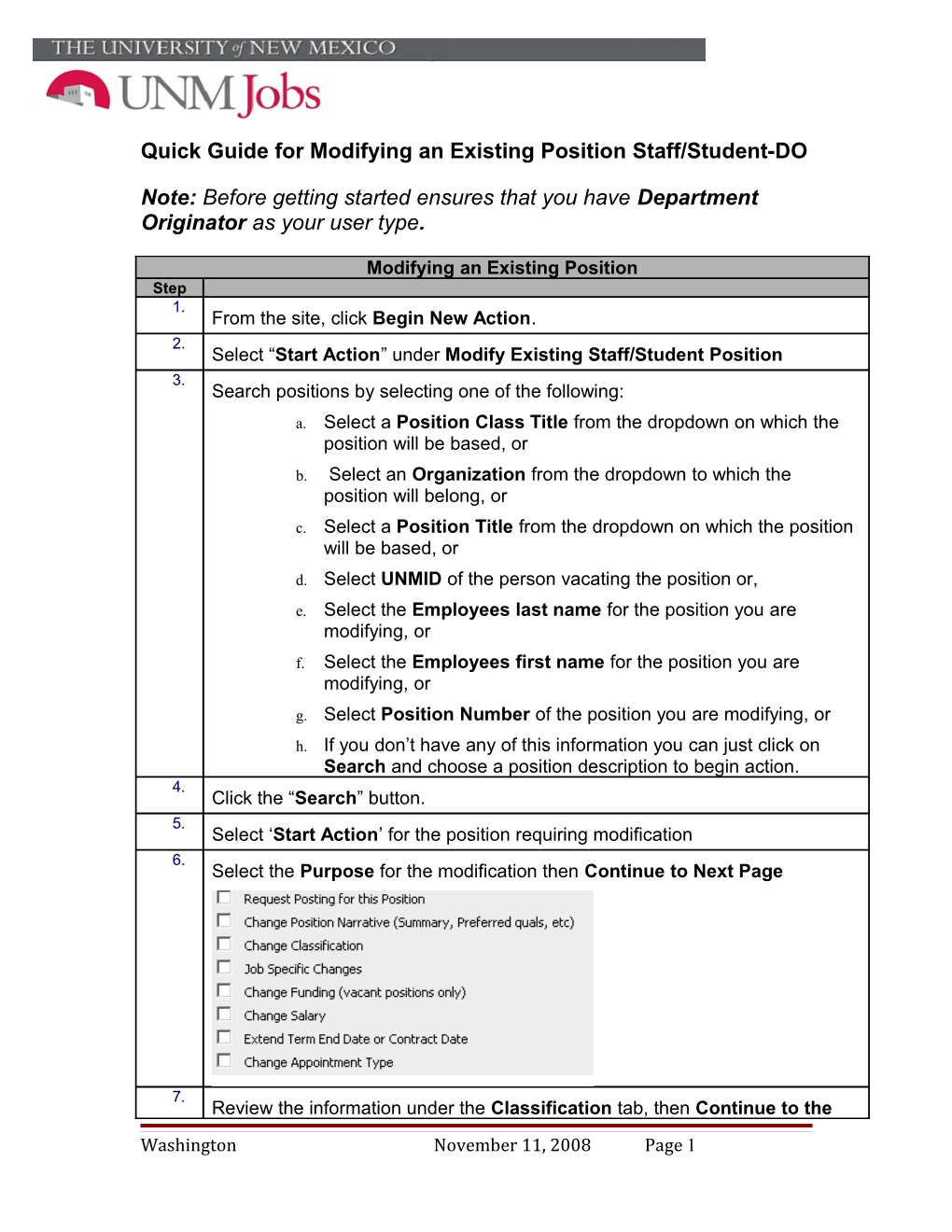 Quick Guide for Modifying an Existing Position Staff/Student-DO