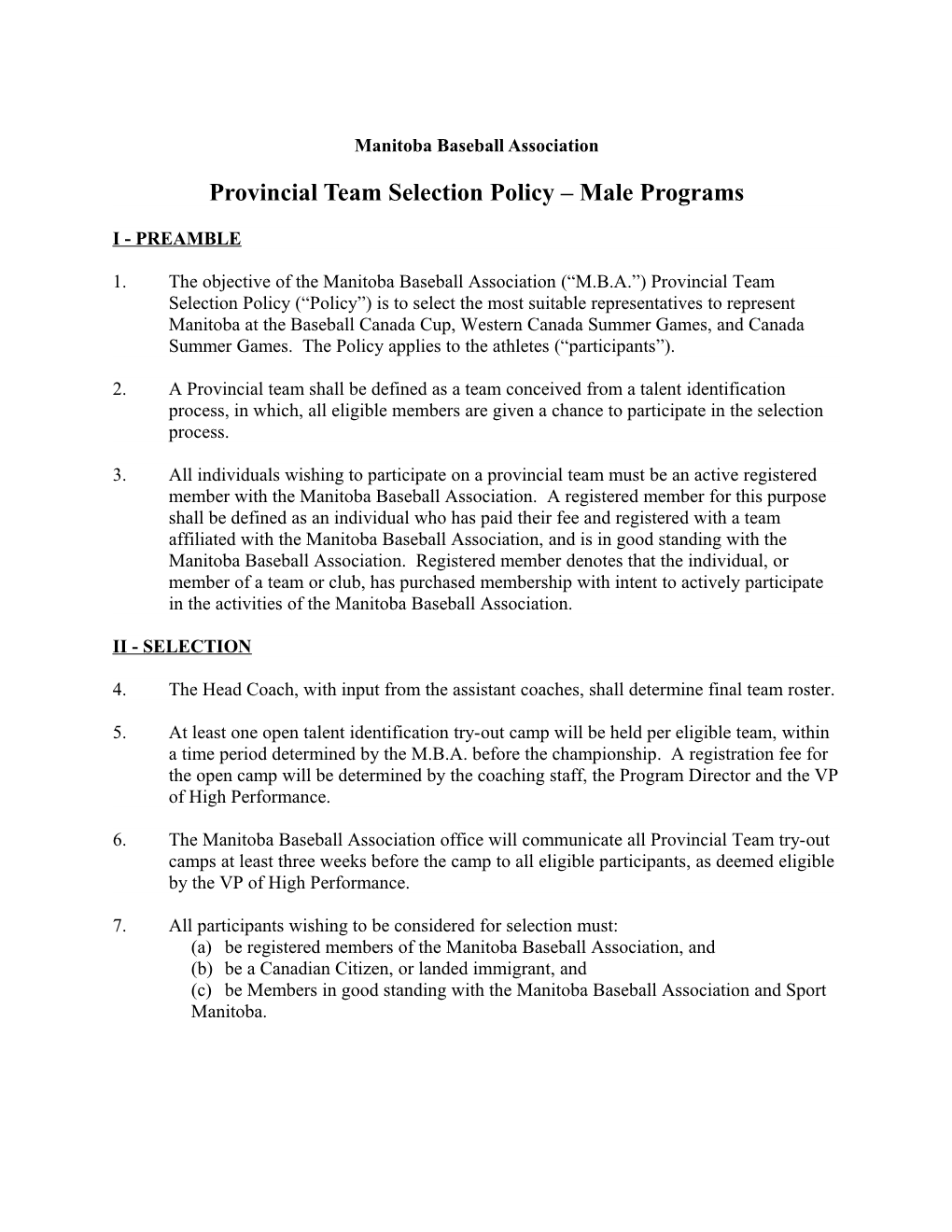 Provincial Team Selection Policy