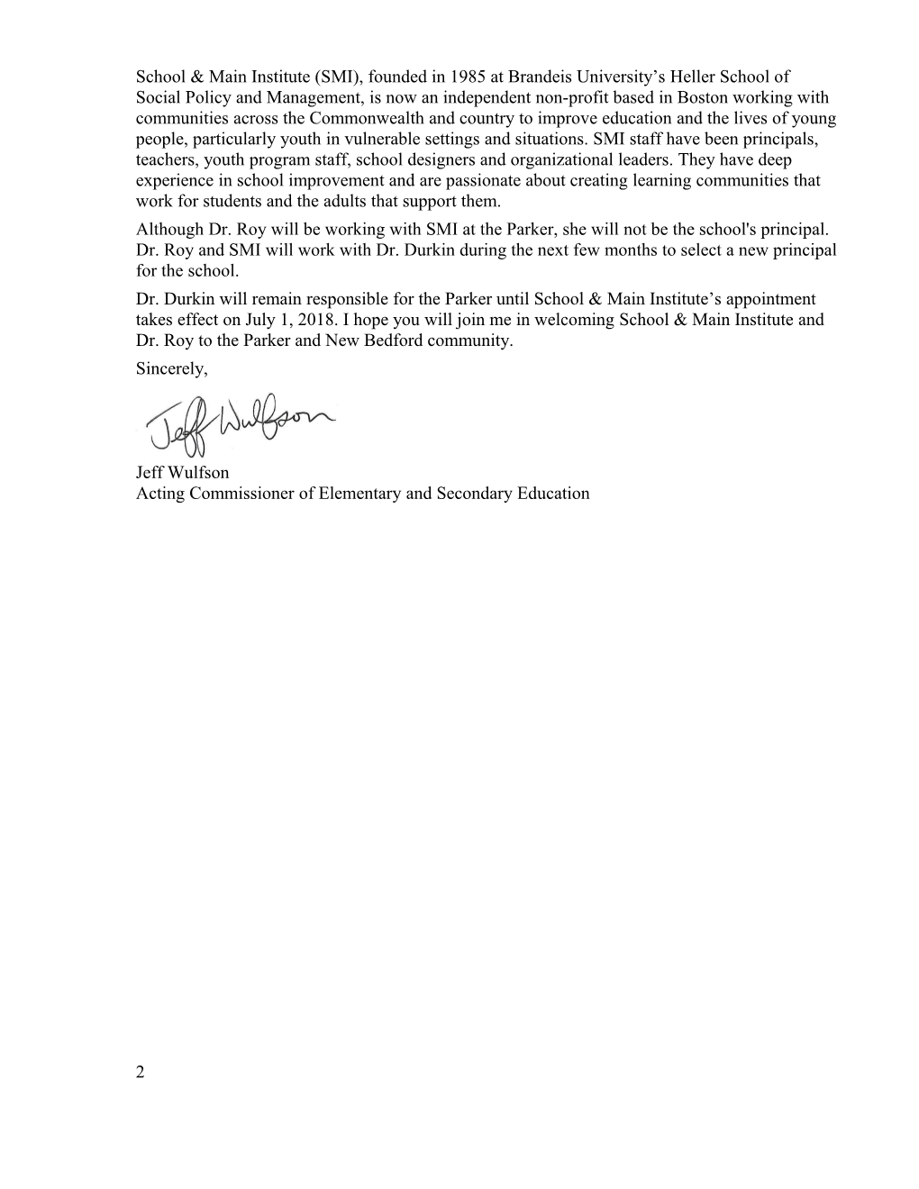 Parker School's Receiver Announcement Letter