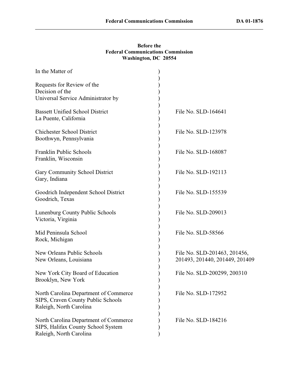 Federal Communications Commission DA 01-1876