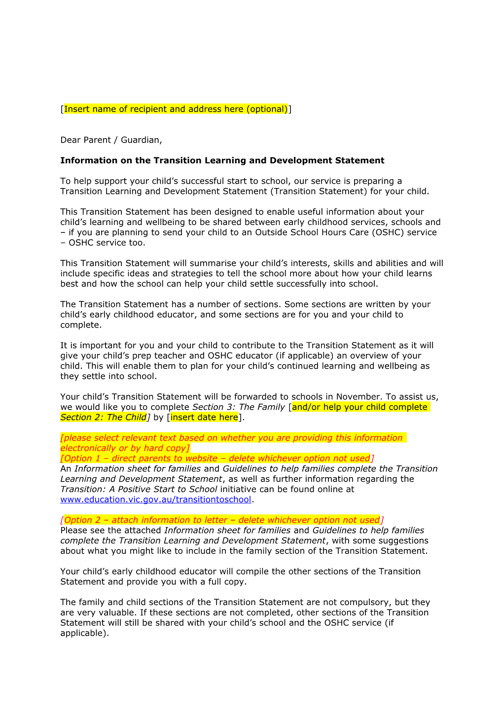 Letter for Families - Transition Learning and Development Statement