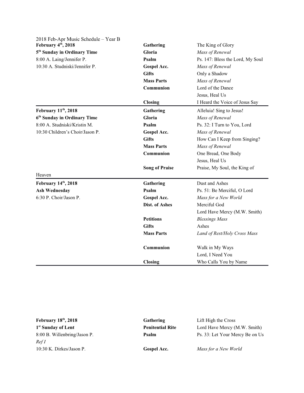 2018 Feb-Apr Music Schedule Year B