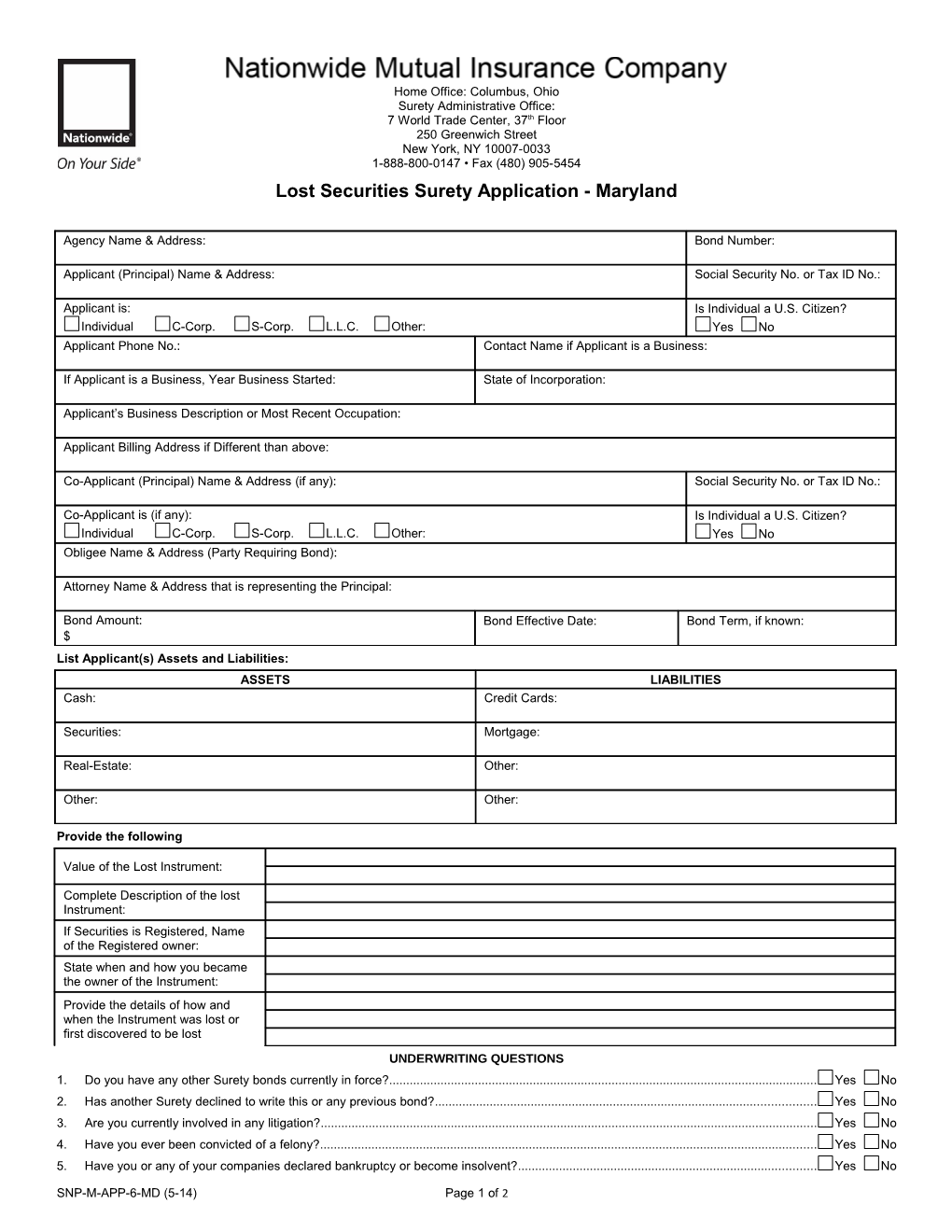 Lost Securities Surety Application