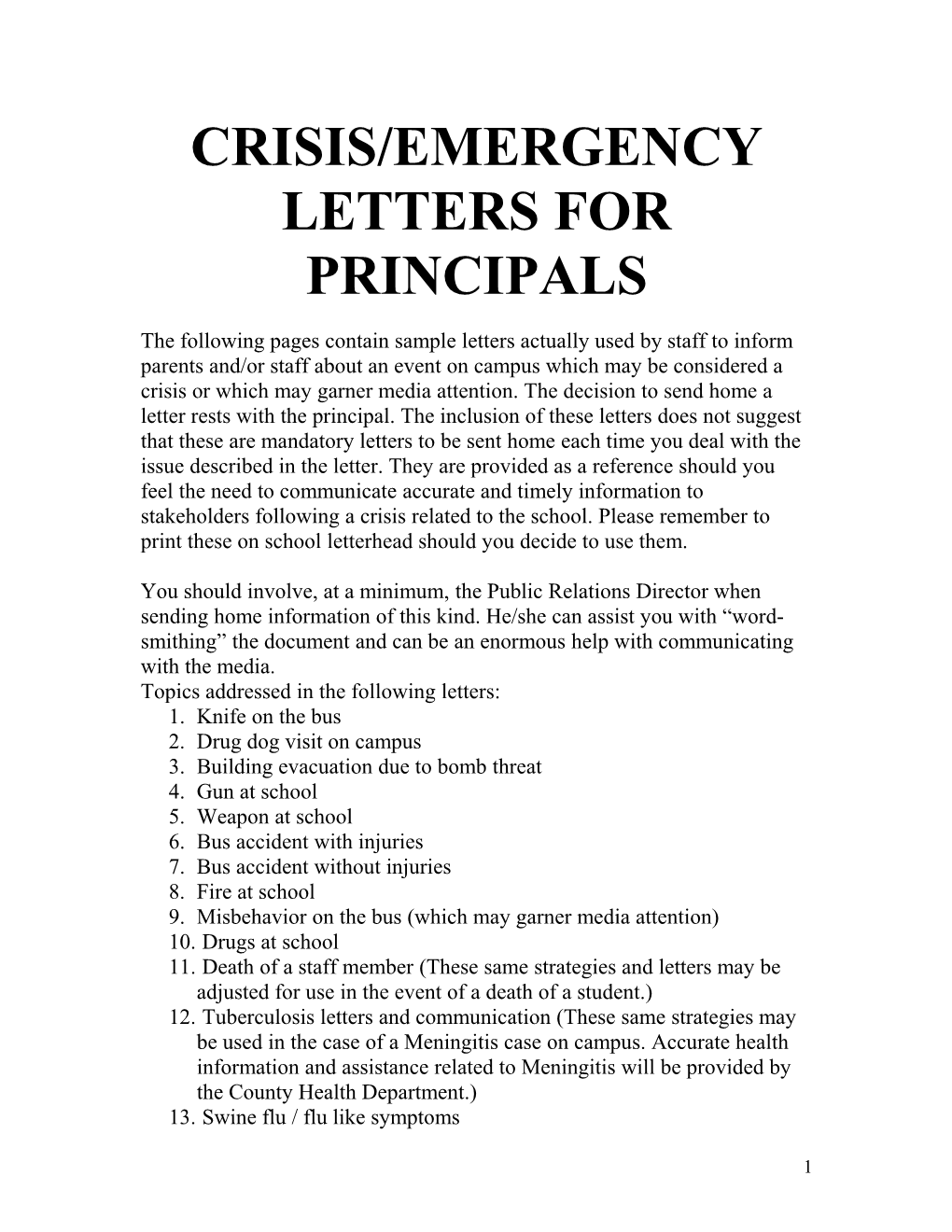 Crisis/Emergency Letters for Principals