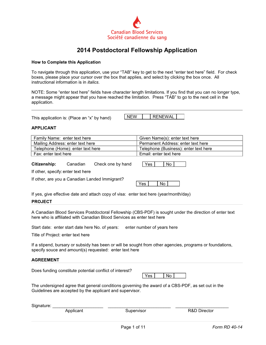 2014 Postdoctoral Fellowship Application