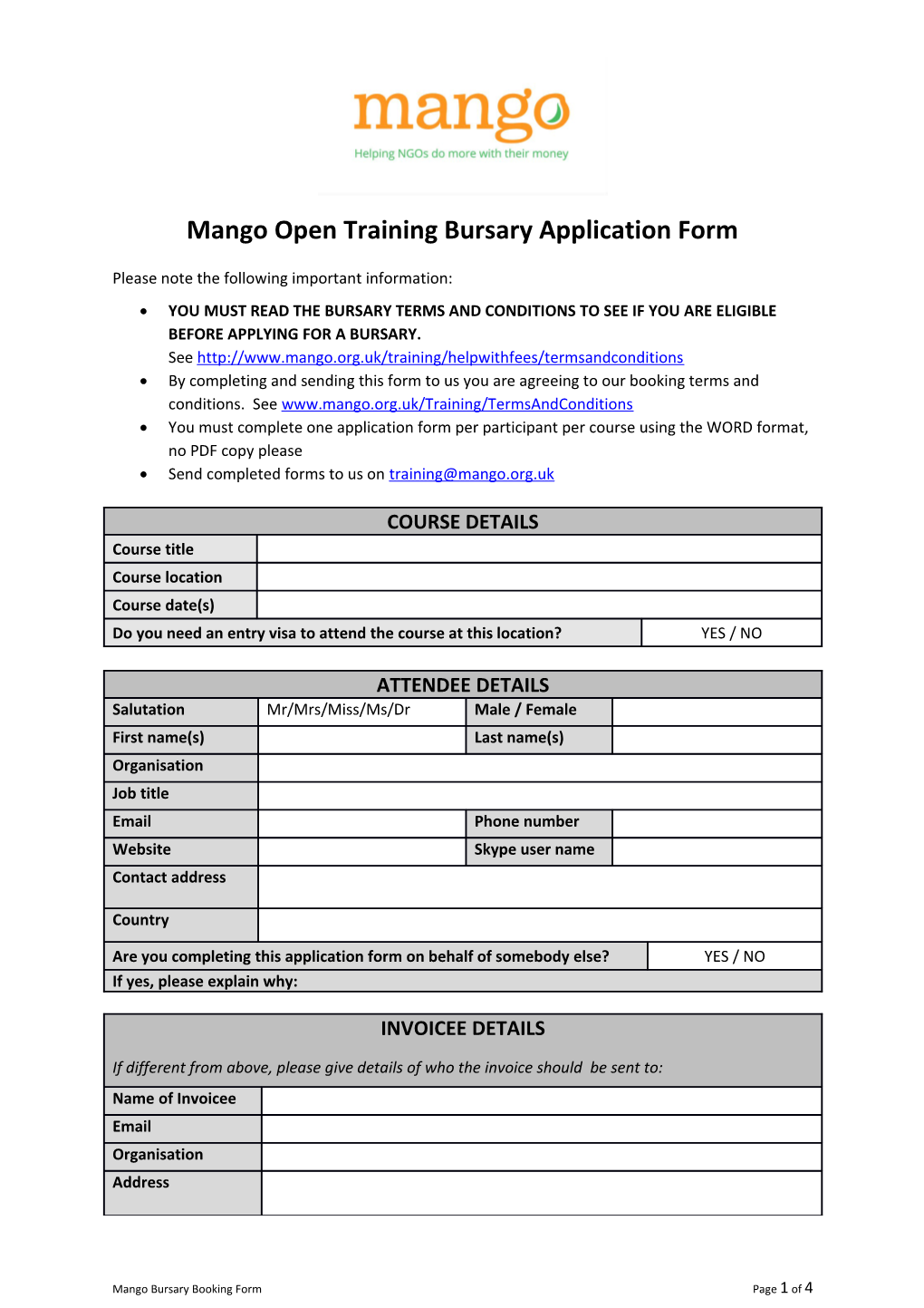 Mango Open Training Bursary Application Form