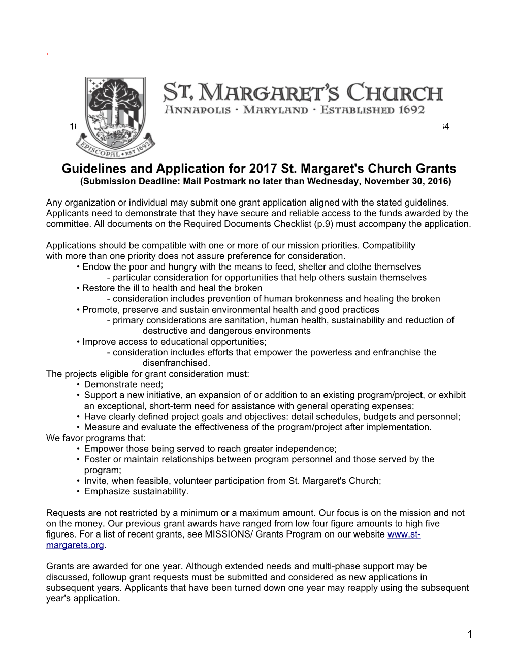 Guidelines and Application for 2017 St. Margaret's Church Grants