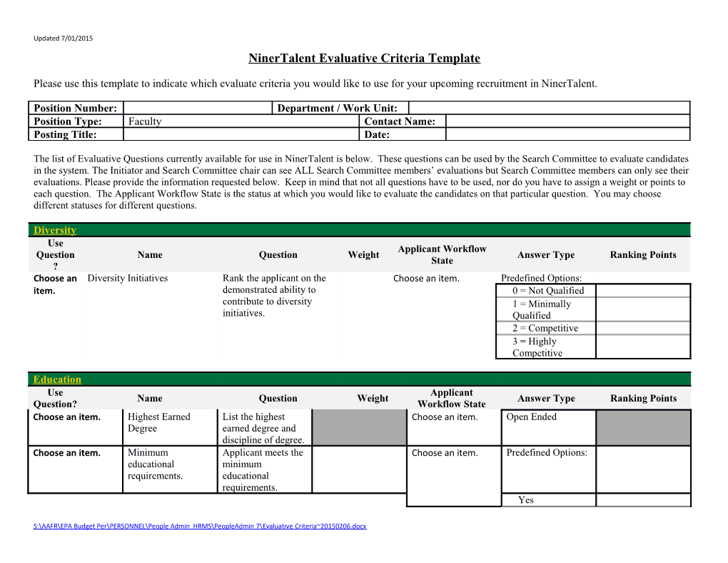 Ninertalentevaluative Criteria Template