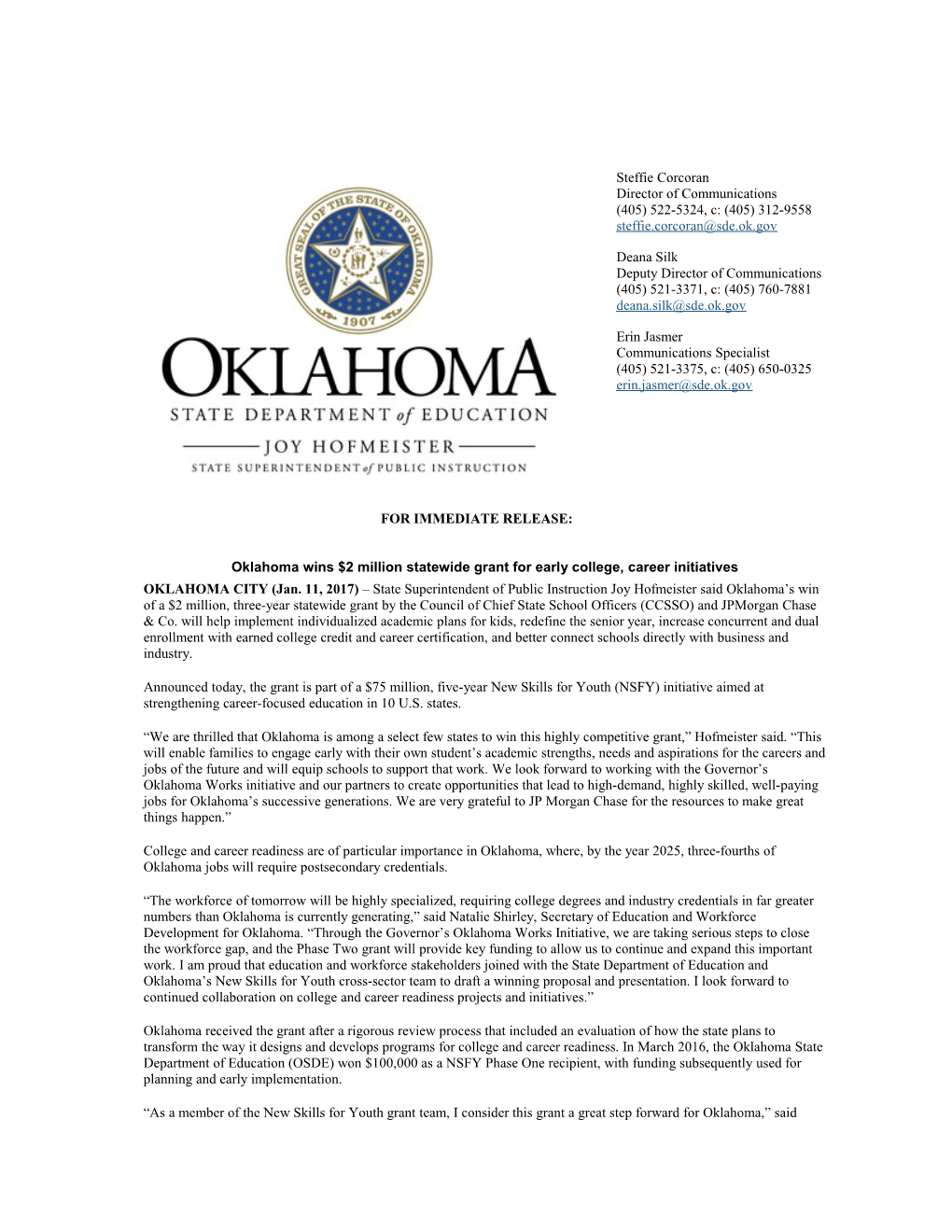 Oklahoma Wins $2 Million Statewide Grant for Early College, Career Initiatives