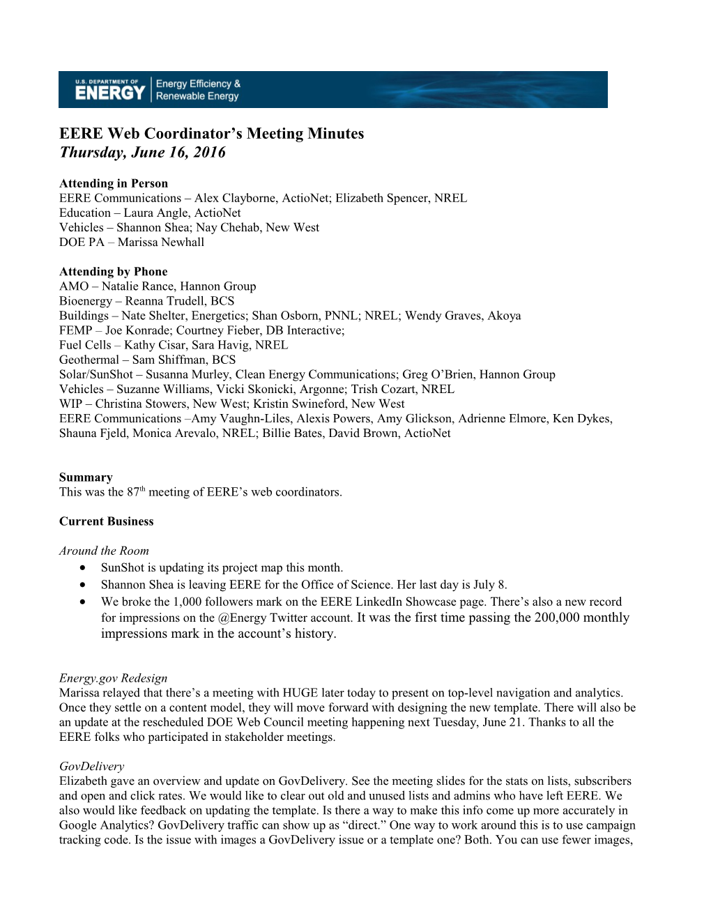 EERE Web Coordinators Meeting Minutes: June 2016