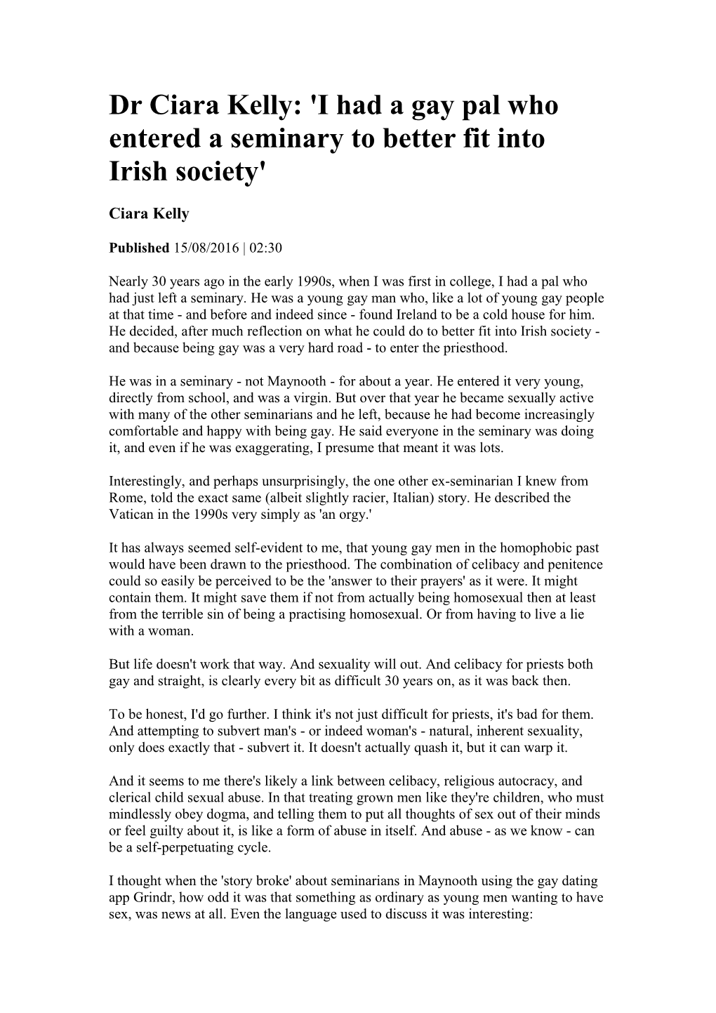 Dr Ciara Kelly: 'I Had a Gay Pal Who Entered a Seminary to Better Fit Into Irish Society'
