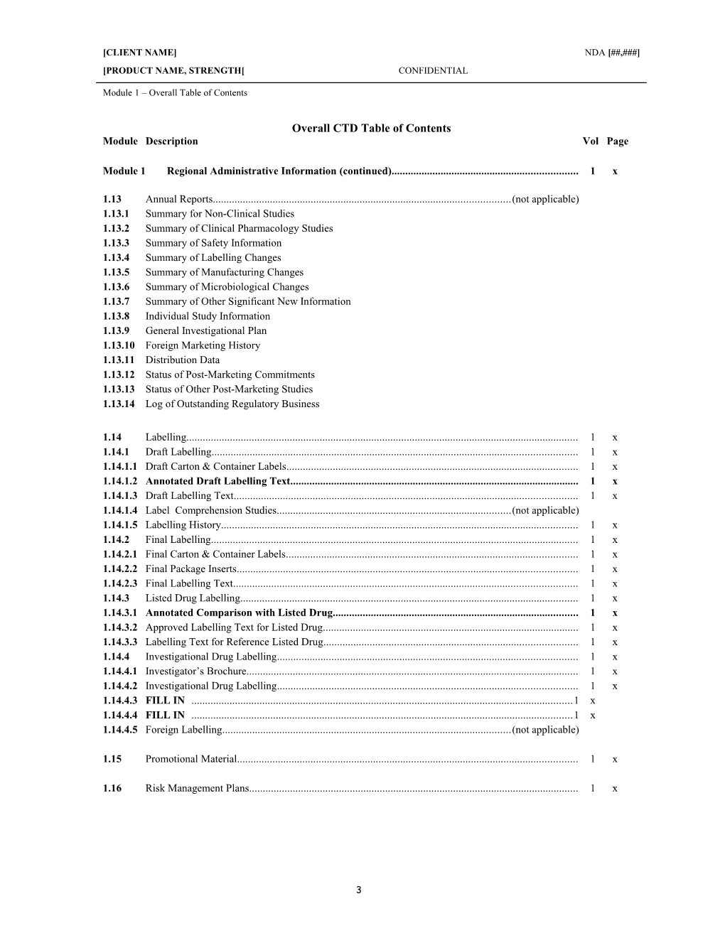 CTD - Overall Table of Contents (Template)