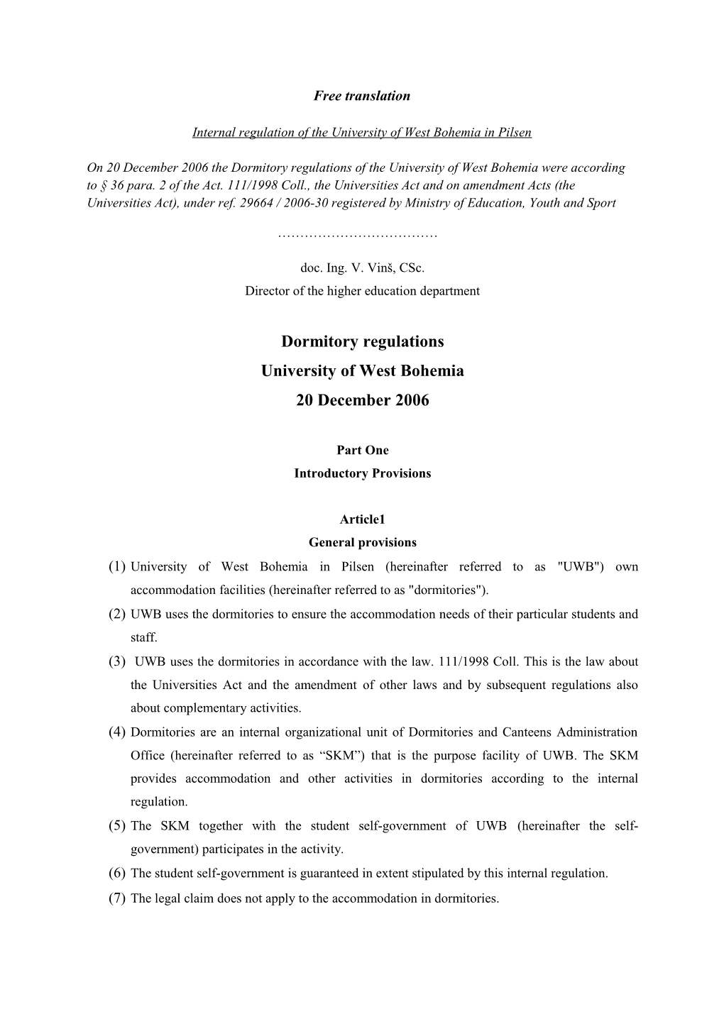 Internal Regulation of the University of West Bohemia in Pilsen