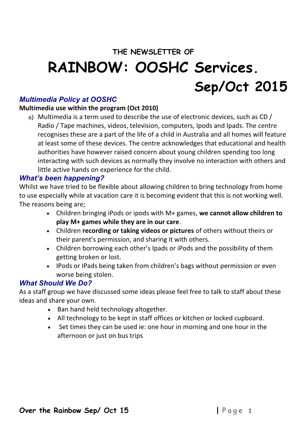 RAINBOW:OOSHC Services
