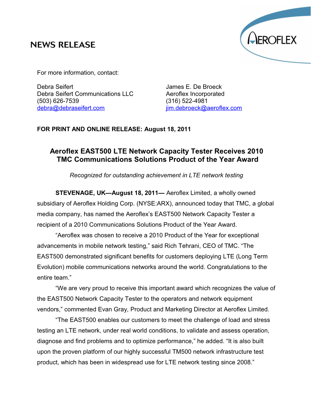 Aeroflex EAST500 LTE Network Capacity Tester Receives 2010