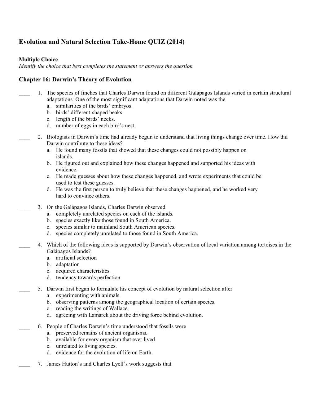 Evolution and Natural Selection Take-Home QUIZ (2014)