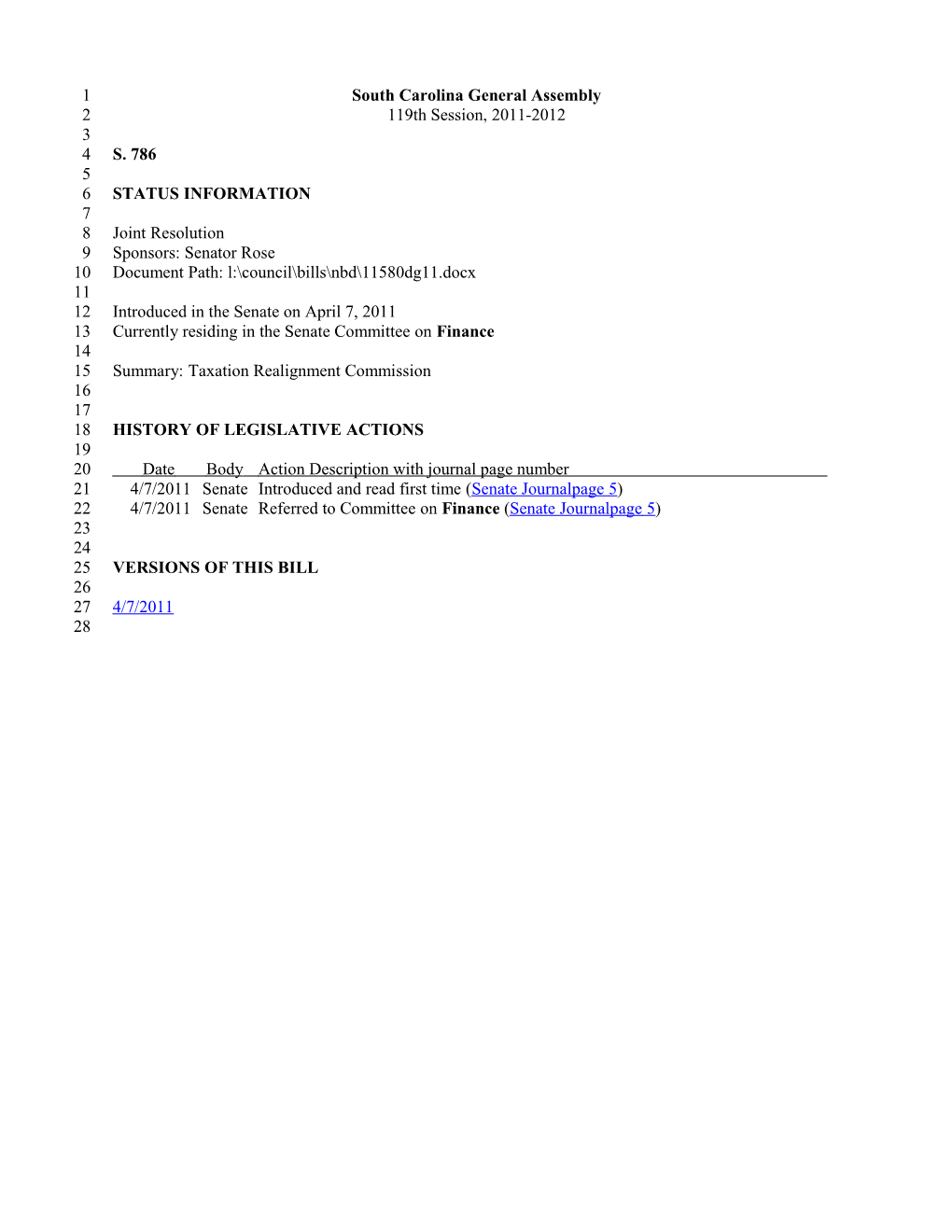 2011-2012 Bill 786: Taxation Realignment Commission - South Carolina Legislature Online