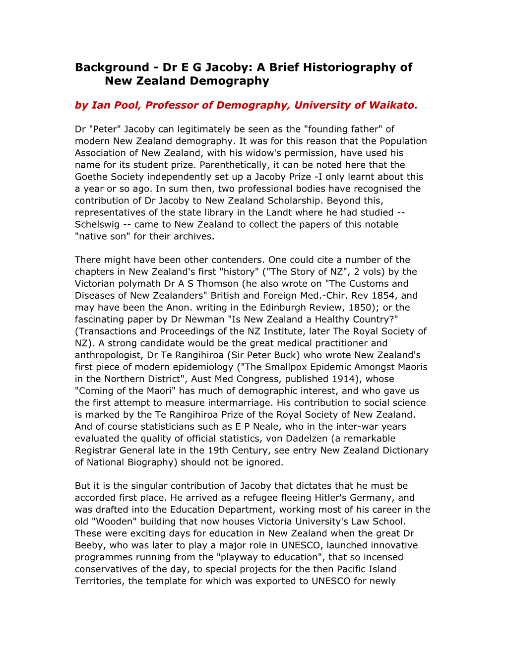 Background - Dr E G Jacoby: a Brief Historiography of New Zealand Demography