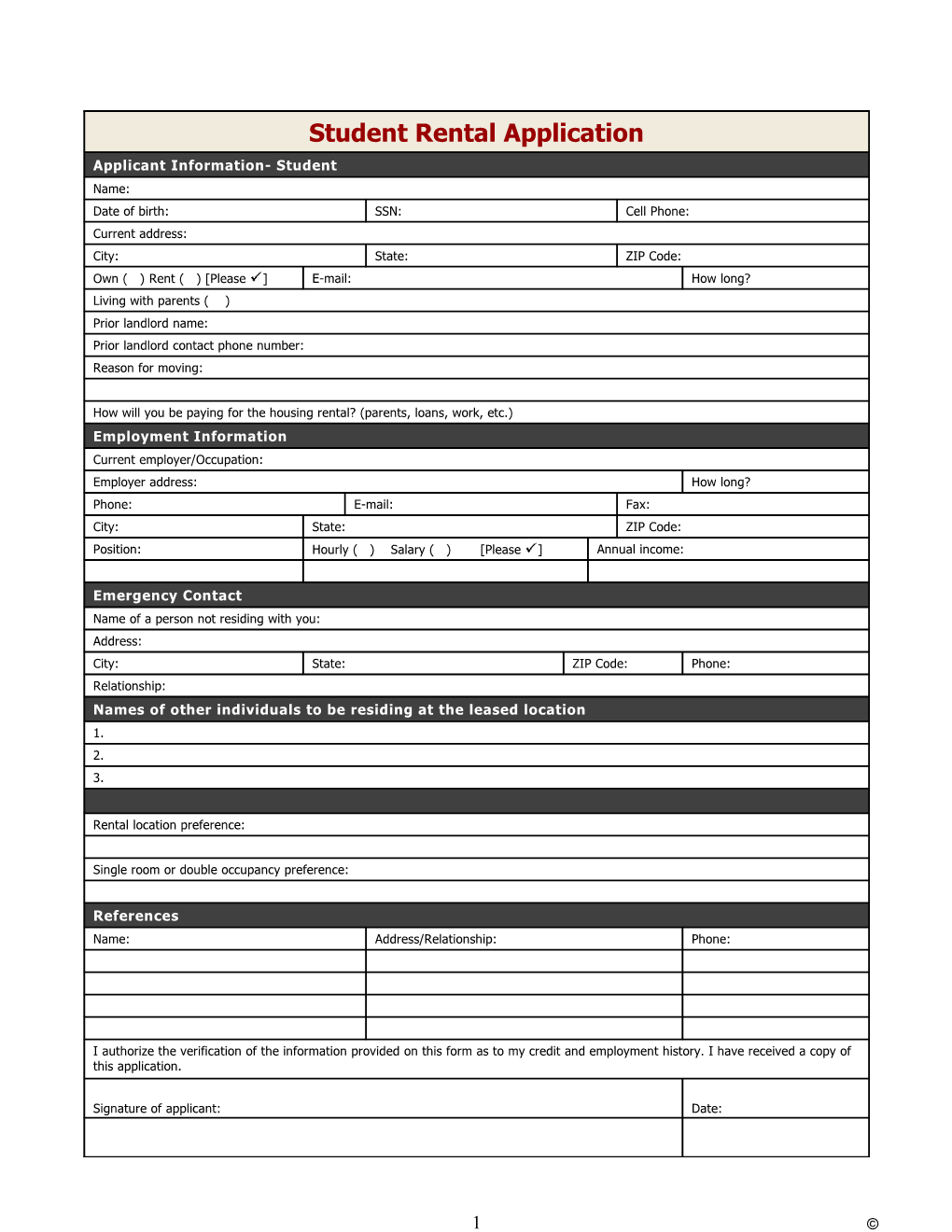 Student Rental Application