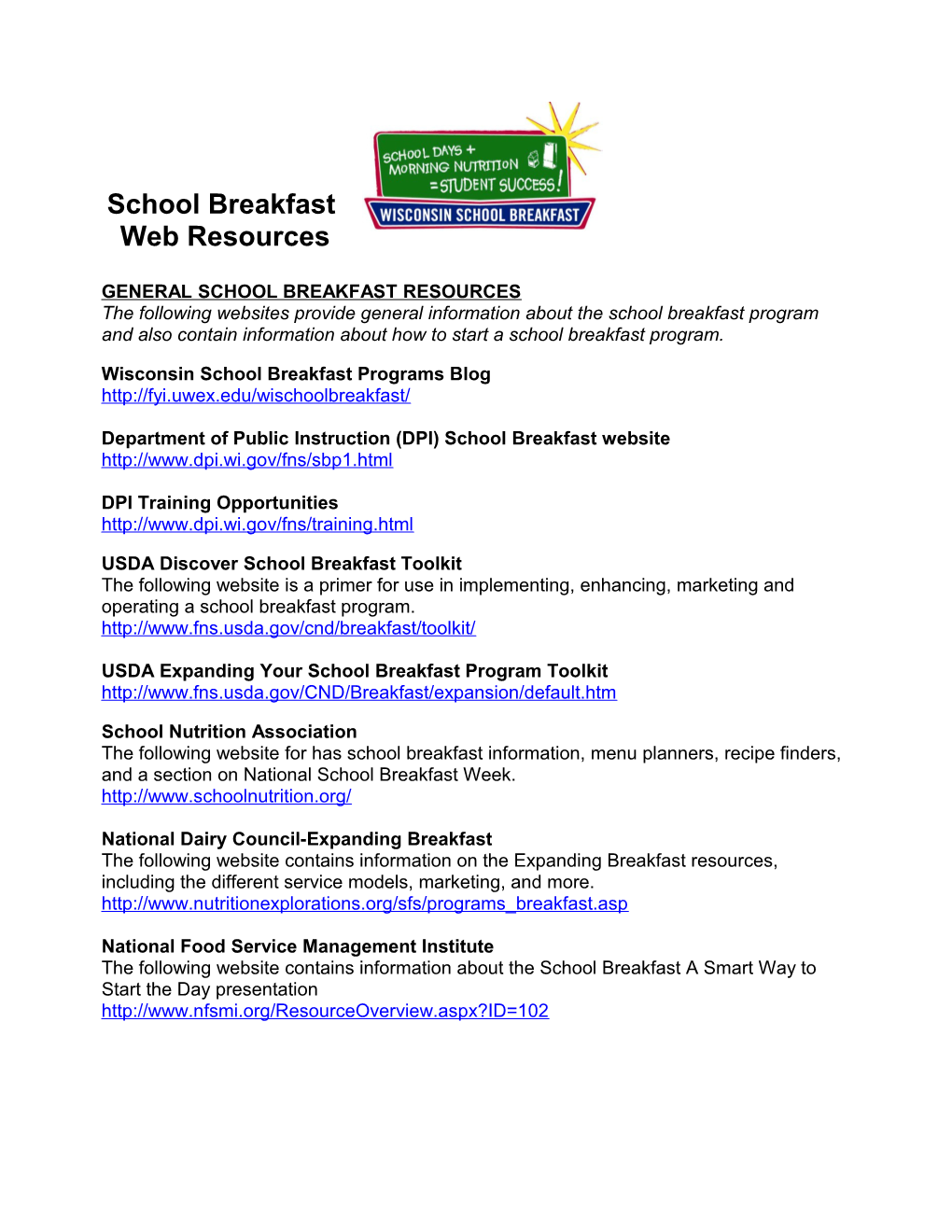 School Breakfast Websites