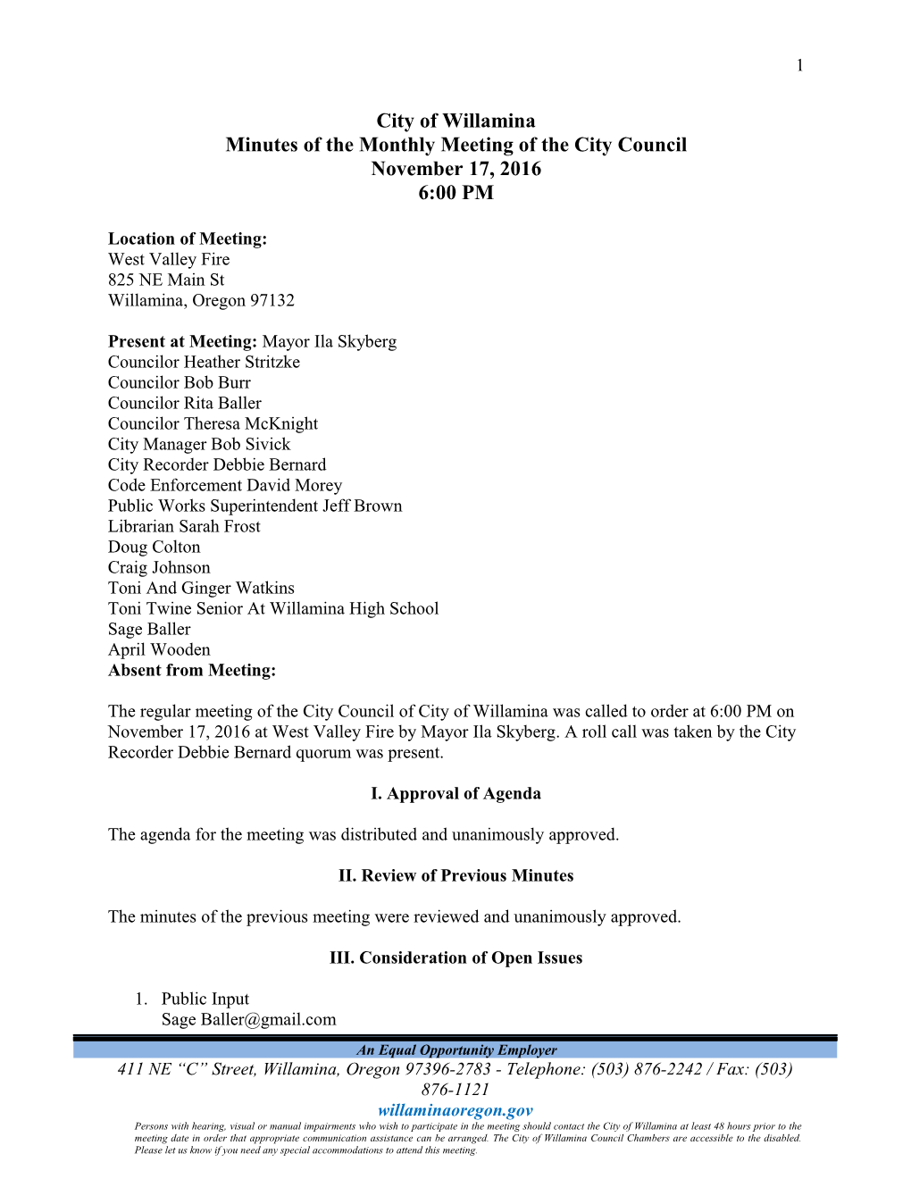 Minutes of the Monthly Meeting of the City Council