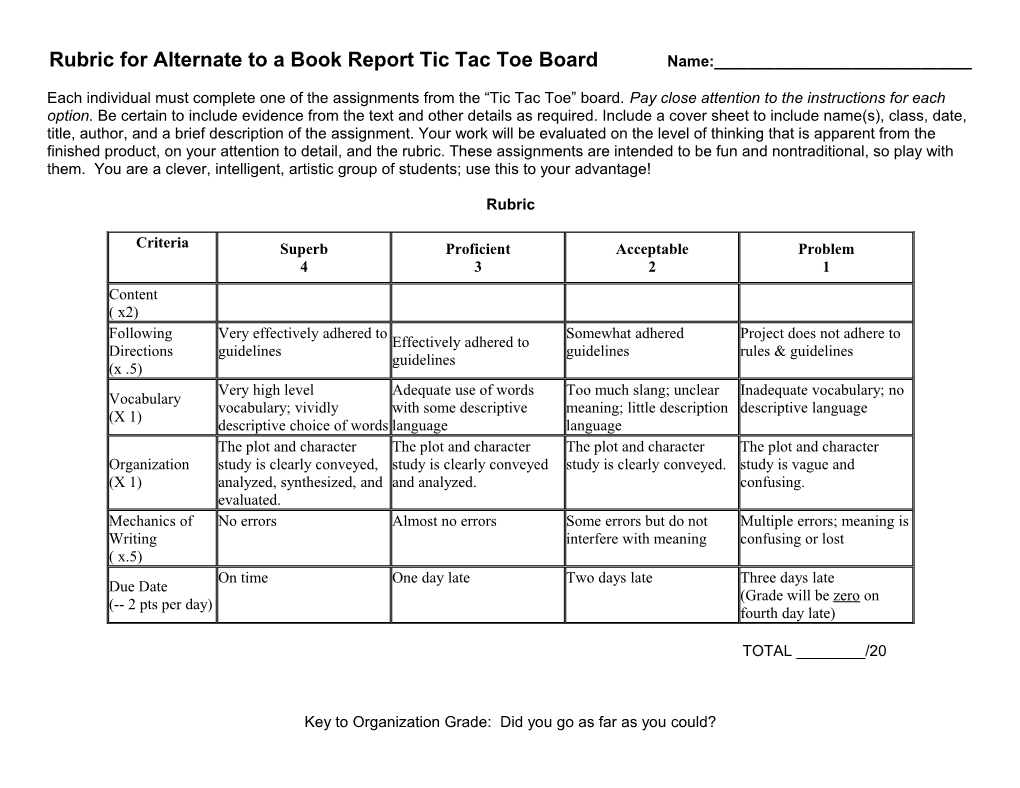 Rubric for Alternate to a Book Report Tic Tac Toe Board