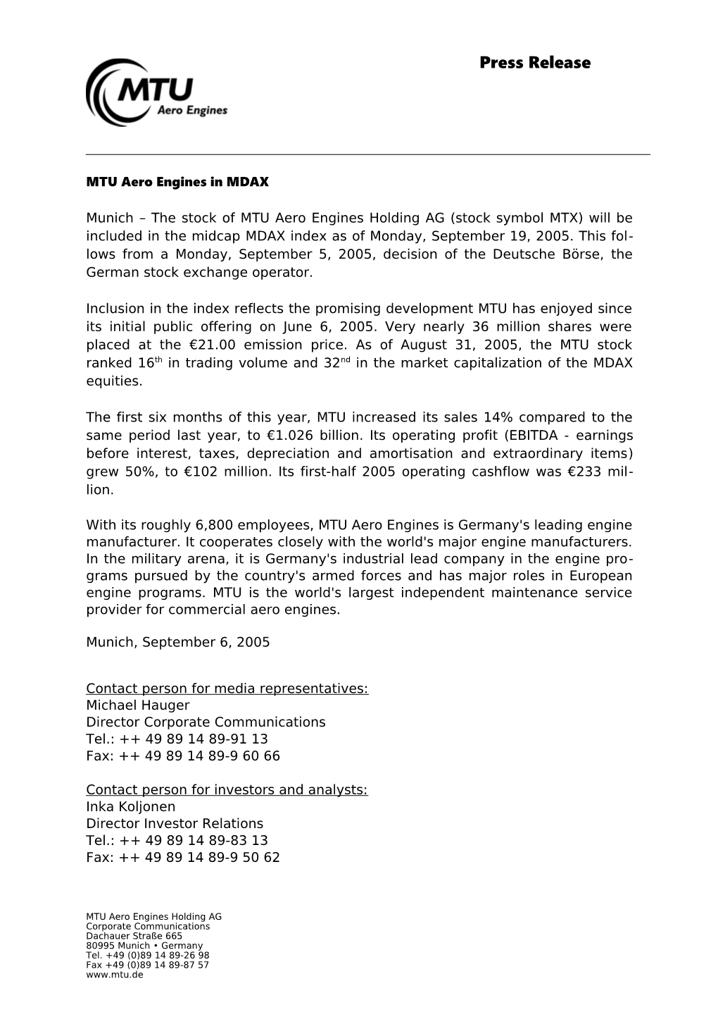 MTU Aero Engines in MDAX