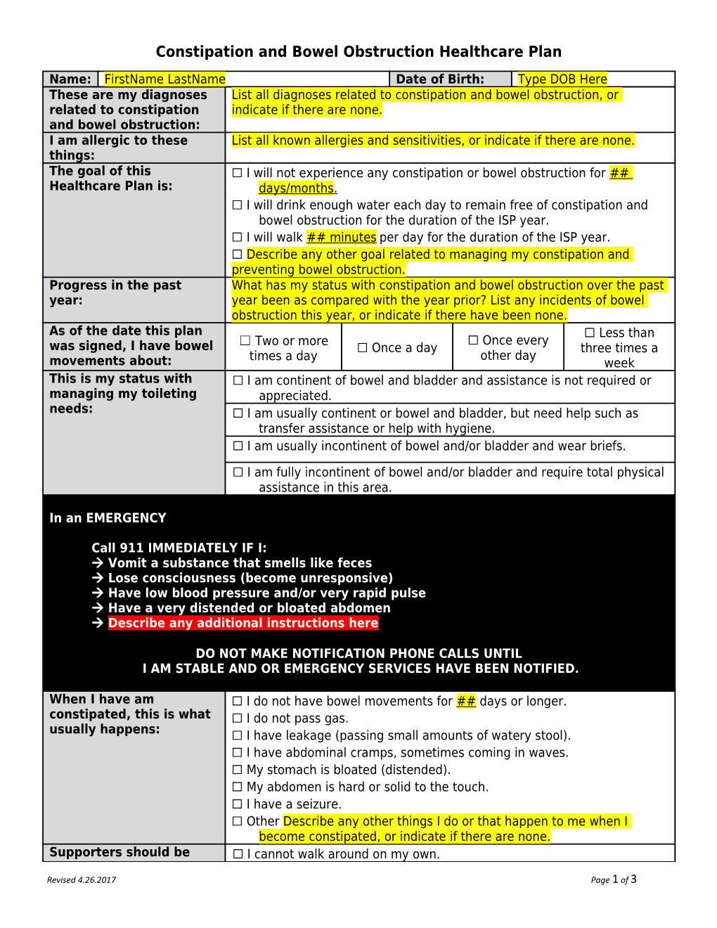 Constipation and Bowel Obstruction Healthcare Plan