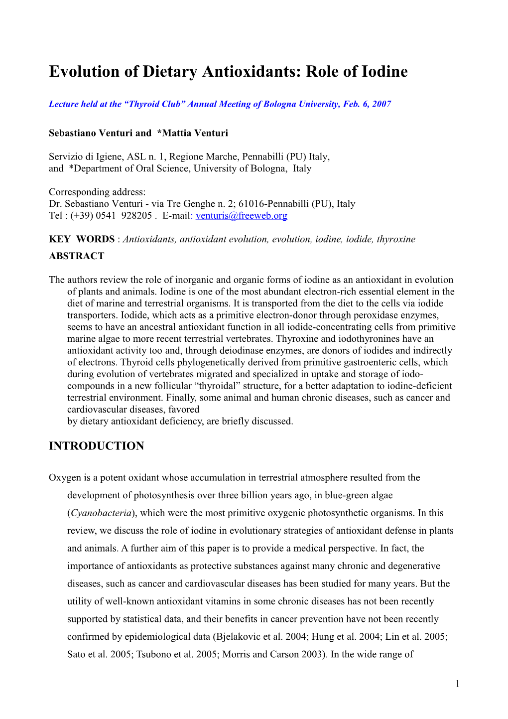 Venturi, 2007. Evolution of Dietary Antioxidants: Role of Iodine