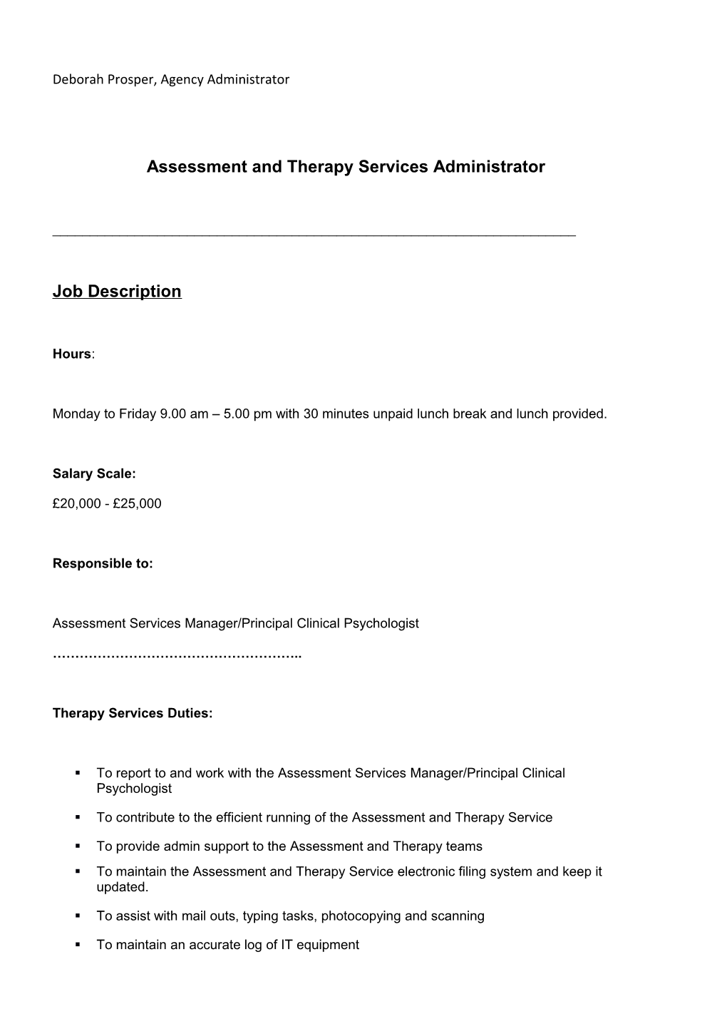 Assessment & Therapy Services Administrator