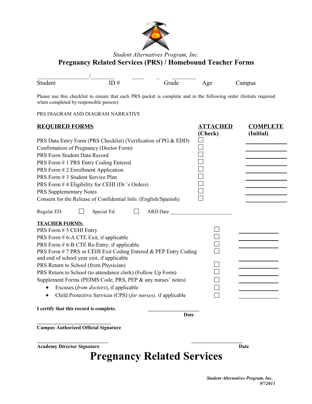 Pregnancy Related Services (PRS) / Homebound Teacher Forms