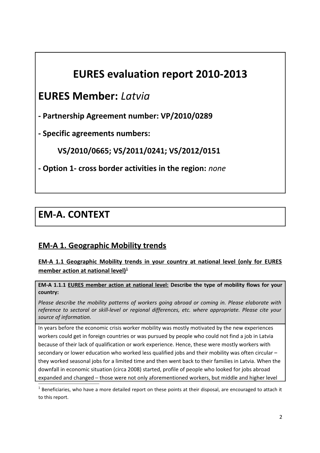 Template for Preparation by EURES Beneficiaries of The