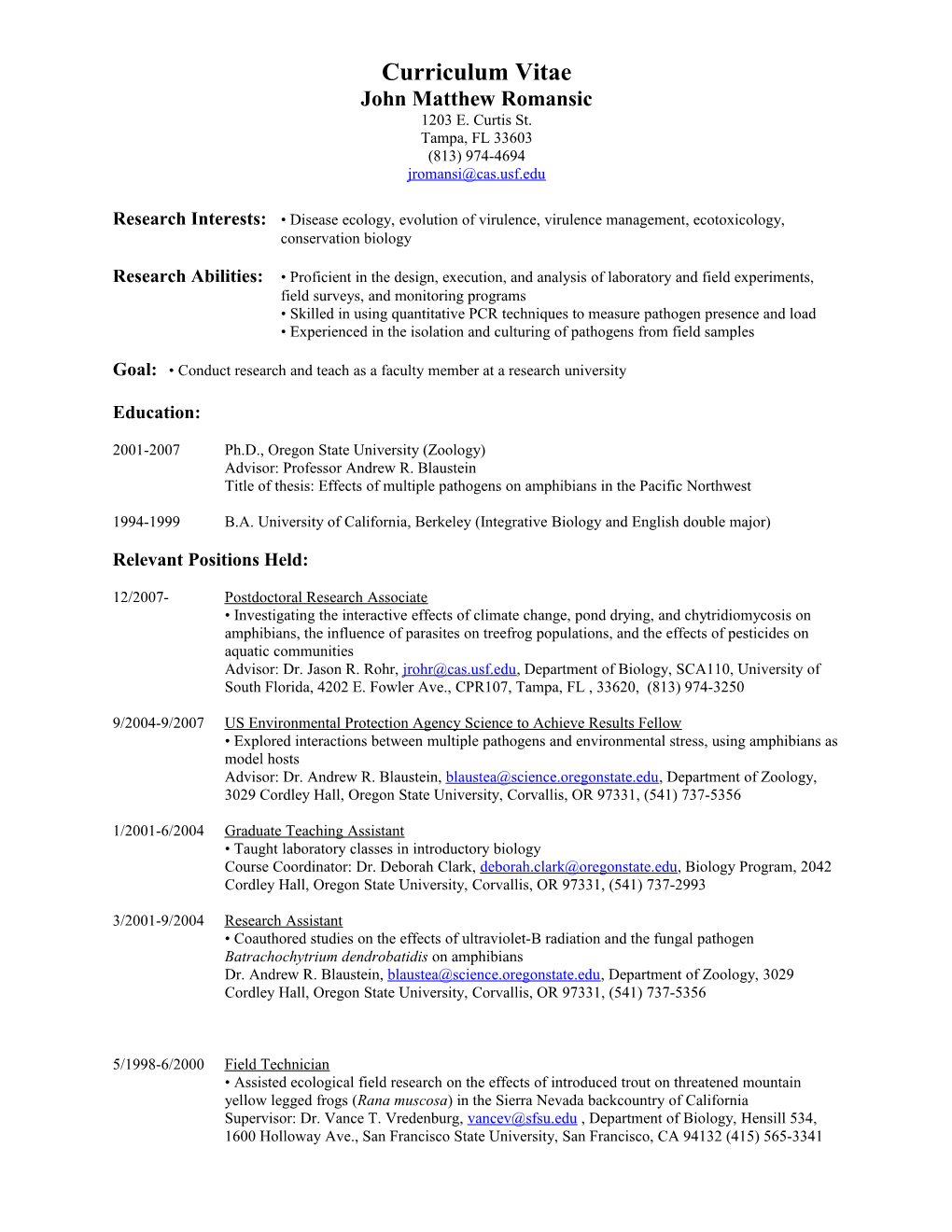 Curriculum Vitae, J. M. Romansic