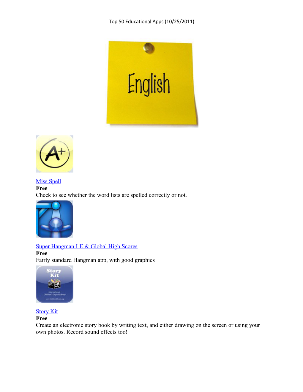 Top 50 Educational Apps (10/25/2011)