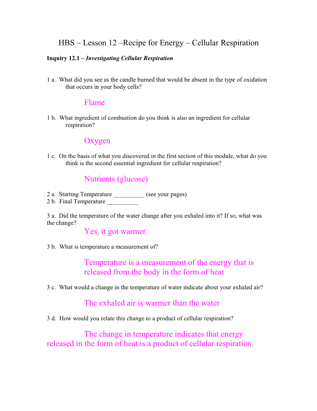 HBS Lesson 12 Recipe for Energy Cellular Respiration