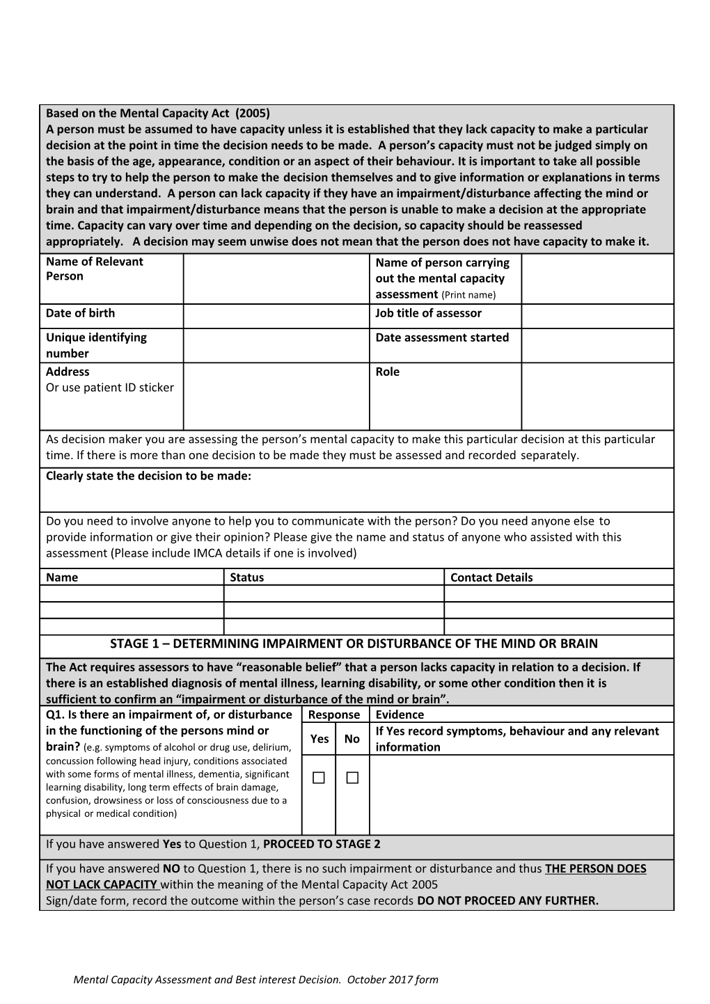 Mental Capacity Assessment and Best Interest Decision. October 2017 Form