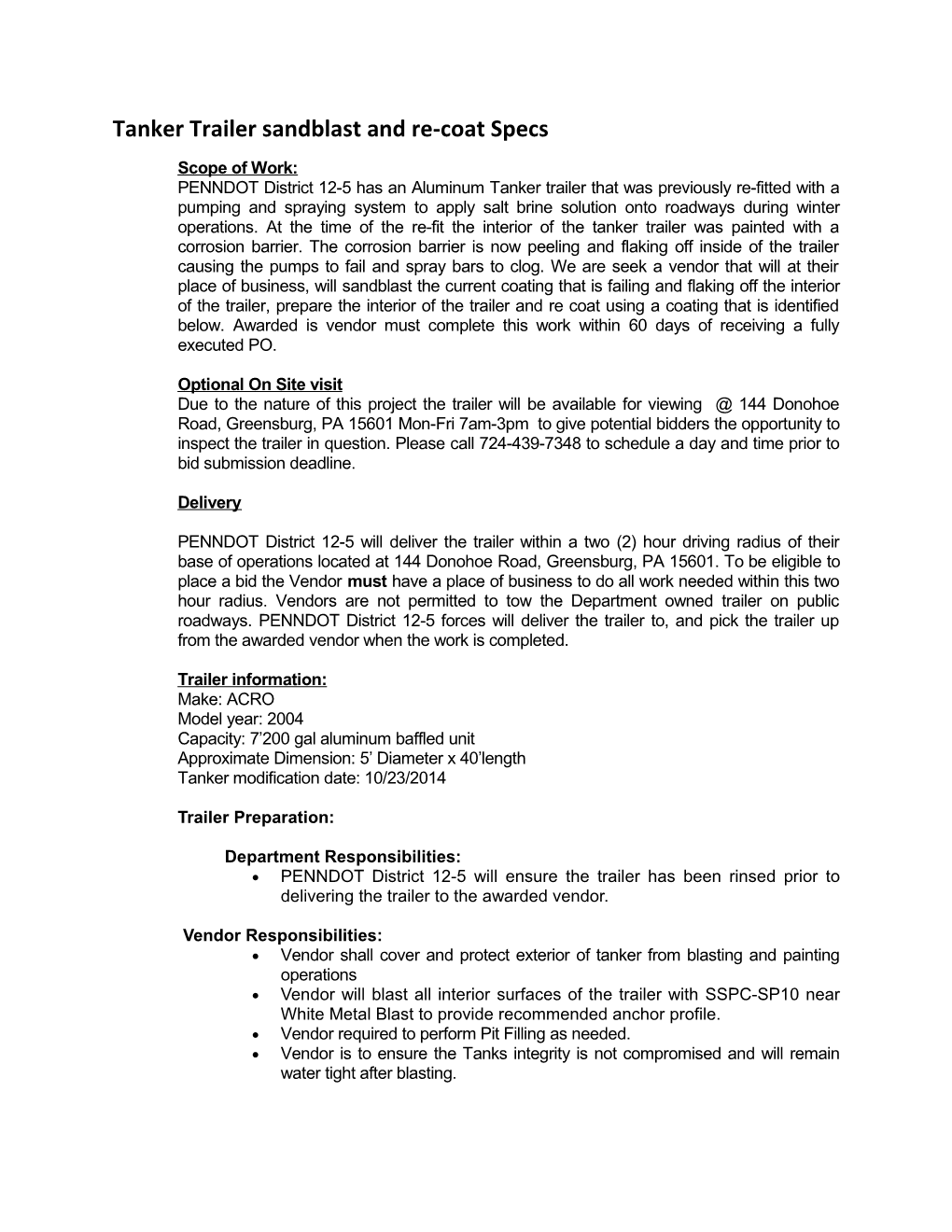 Tanker Trailer Sandblast and Re-Coat Specs