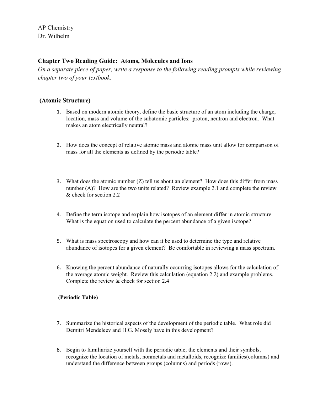 Chapter Two Reading Guide: Atoms, Molecules and Ions