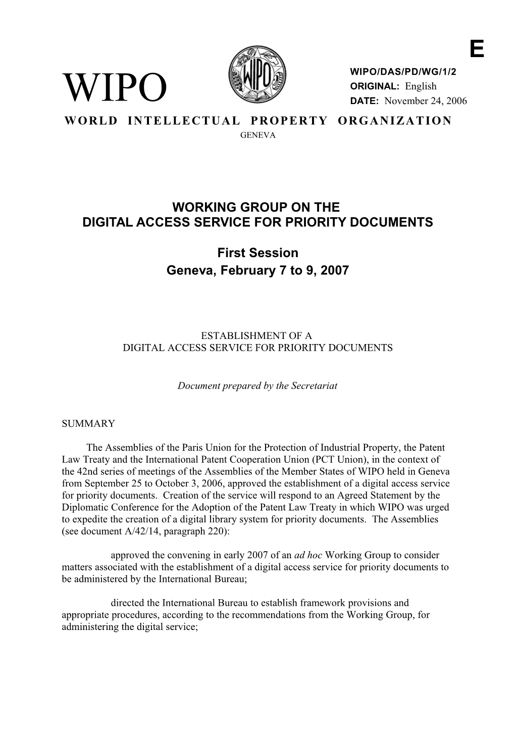 WIPO/DAS/PD/WG/1/2: Establishment of a Digital Access Service for Priority Documents