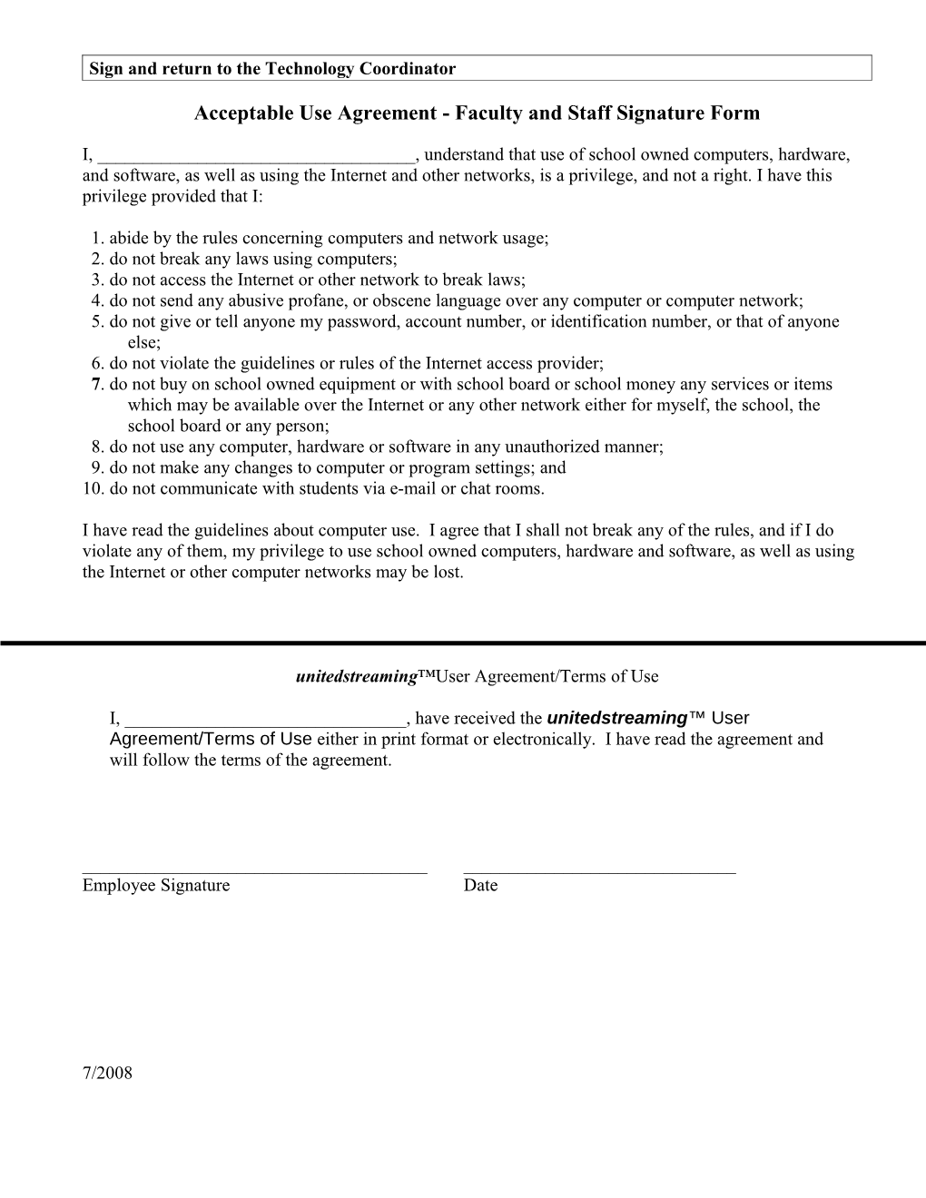 Acceptable Use Agreement - Faculty and Staff Signature Form