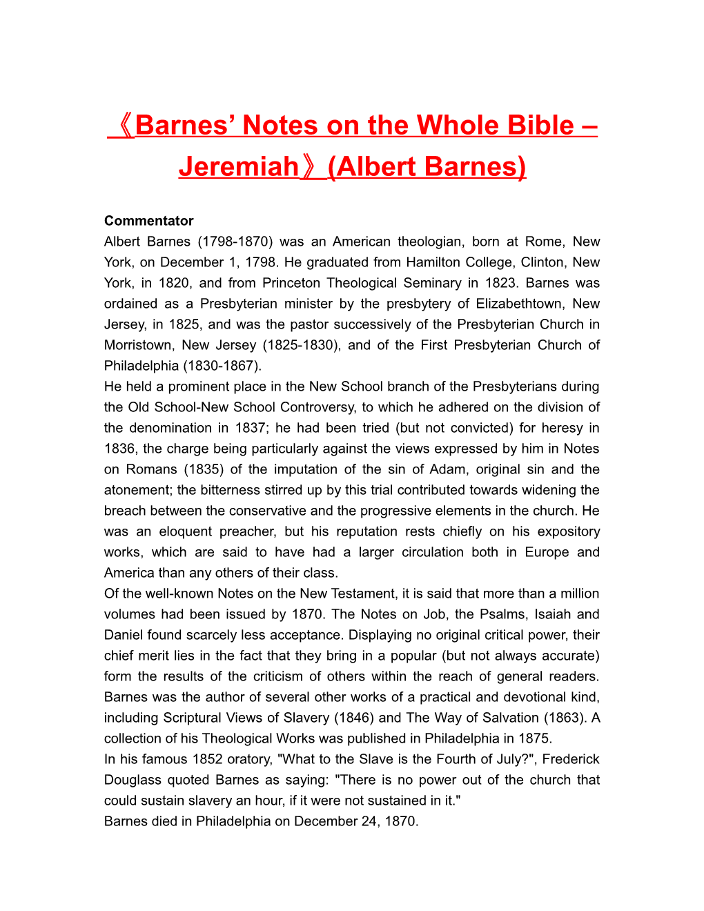 Barnes Notes on the Whole Bible Jeremiah (Albert Barnes)