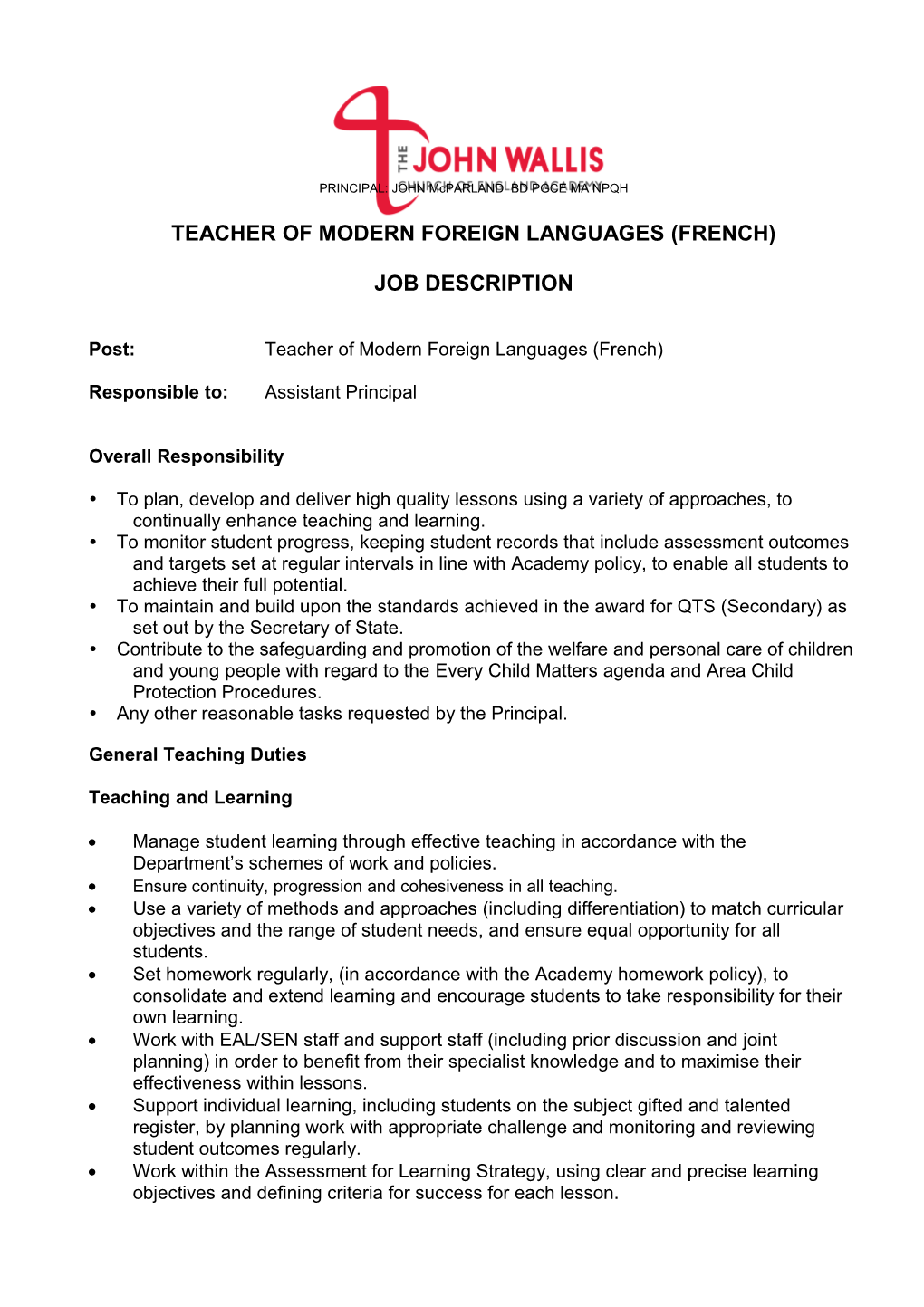 Teacher of Modern Foreign Languages (French)