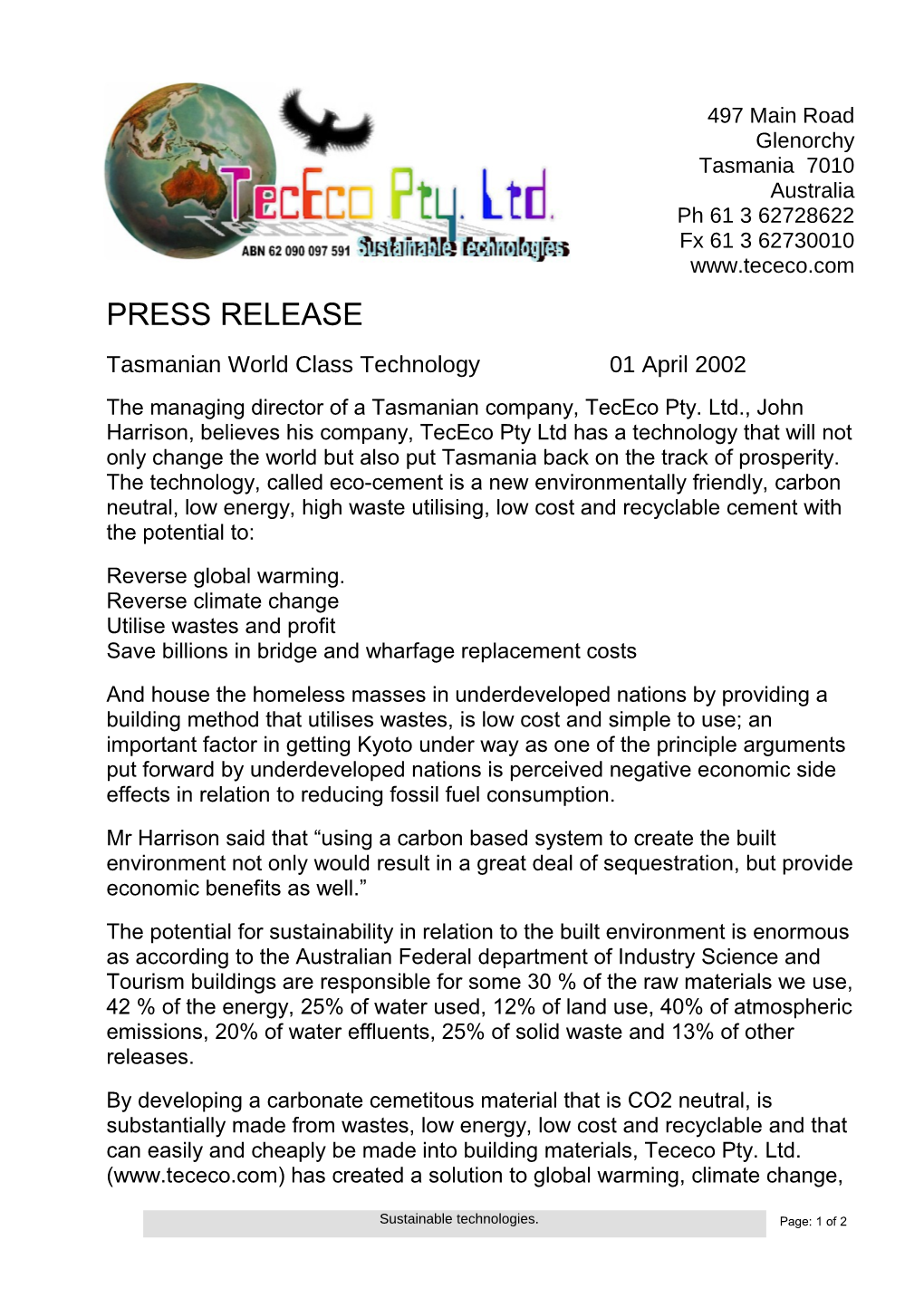 Tasmanian World Class Technology01 April 2002