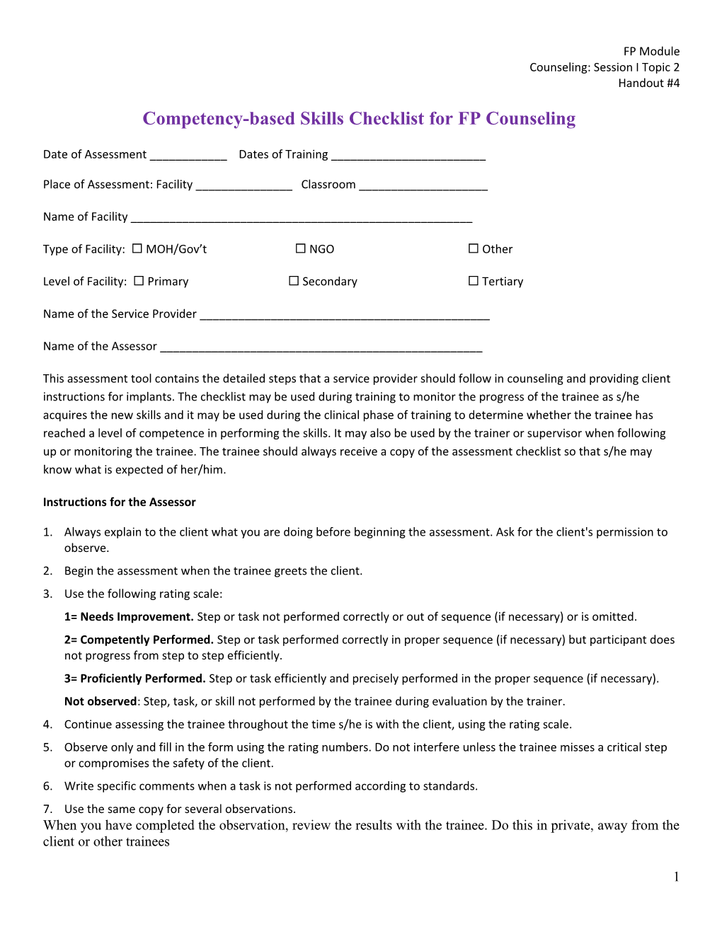 Competency-Based Skills Checklist for FP Counseling