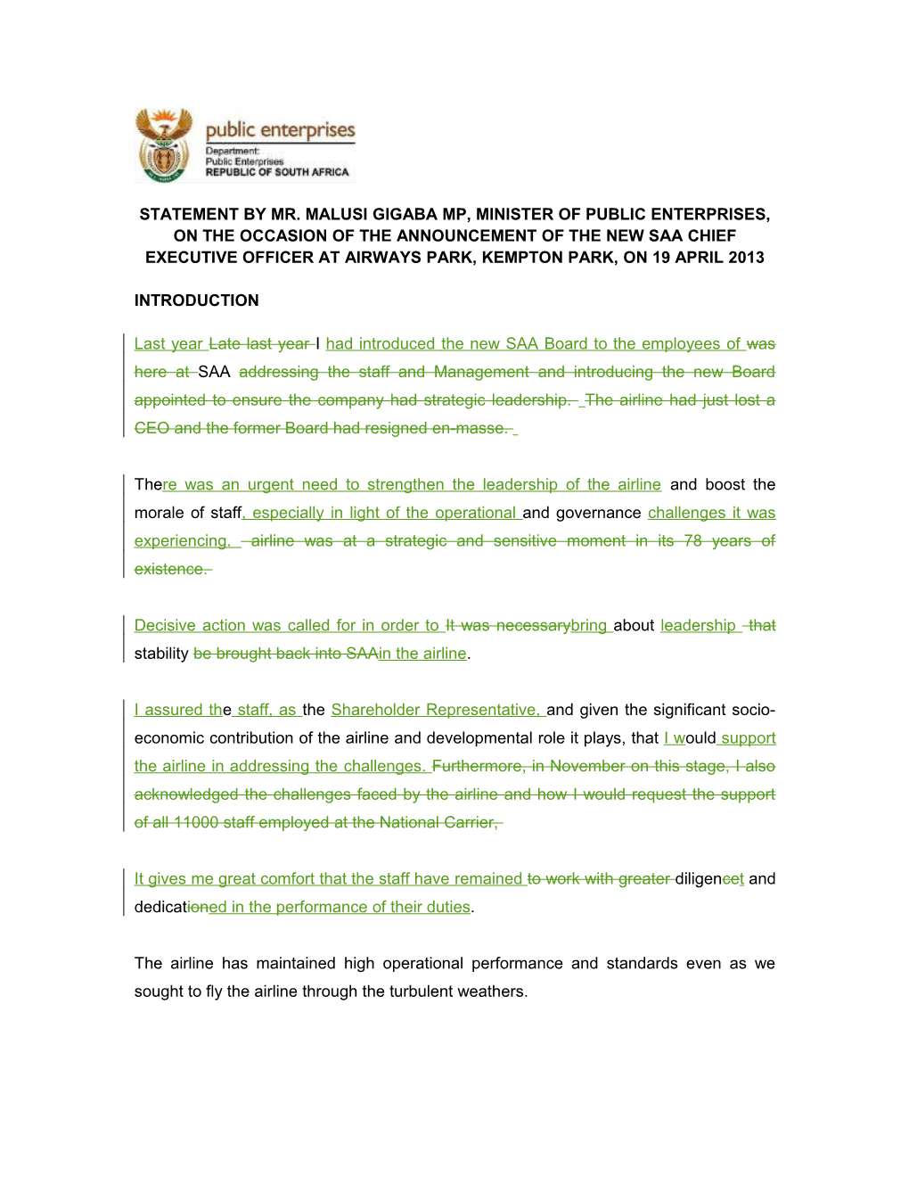 Statement by Mr. Malusi Gigaba Mp, Minister of Public Enterprises, on the Occasion Of