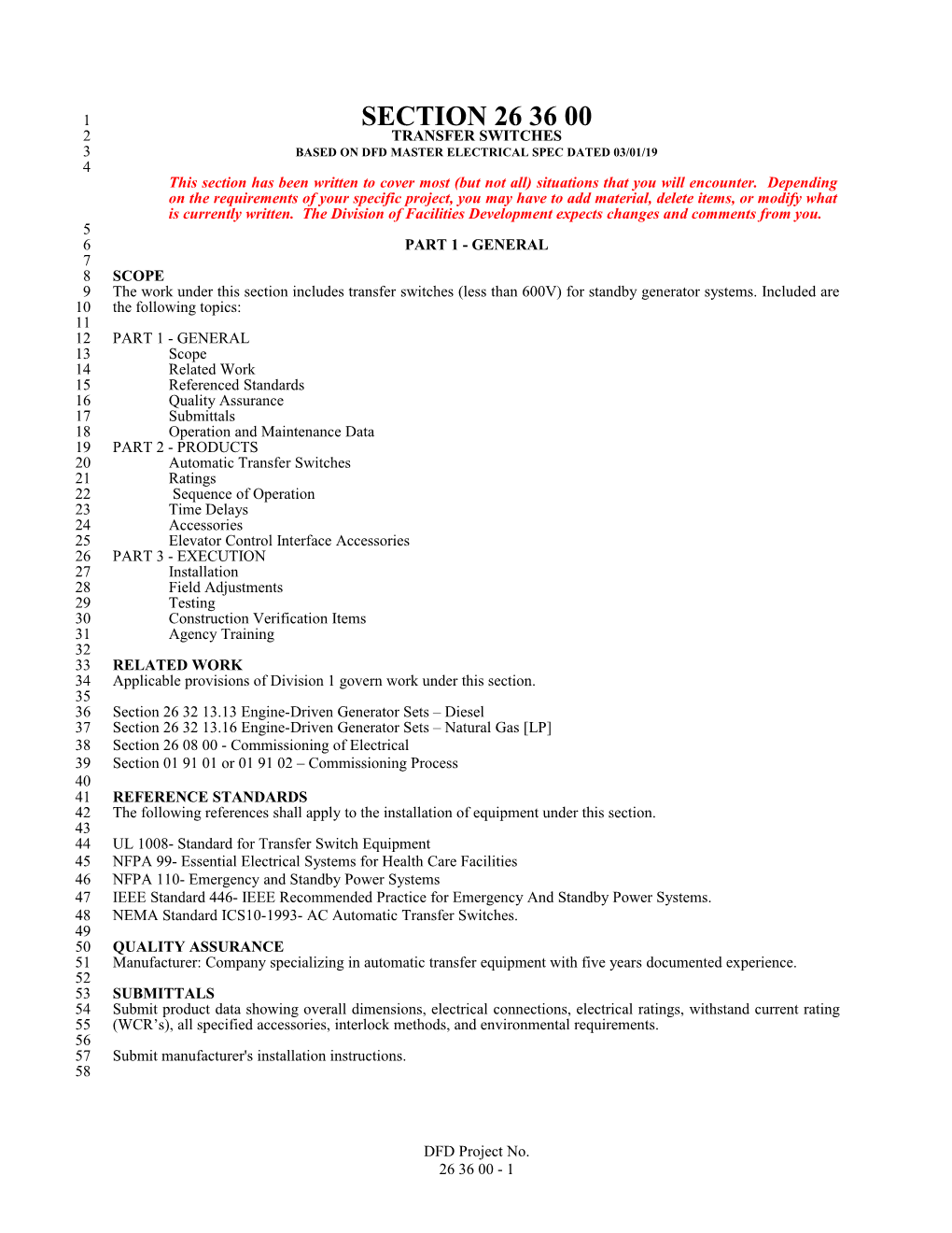 Based on Dfd Master Electrical Spec Dated 03/01/19