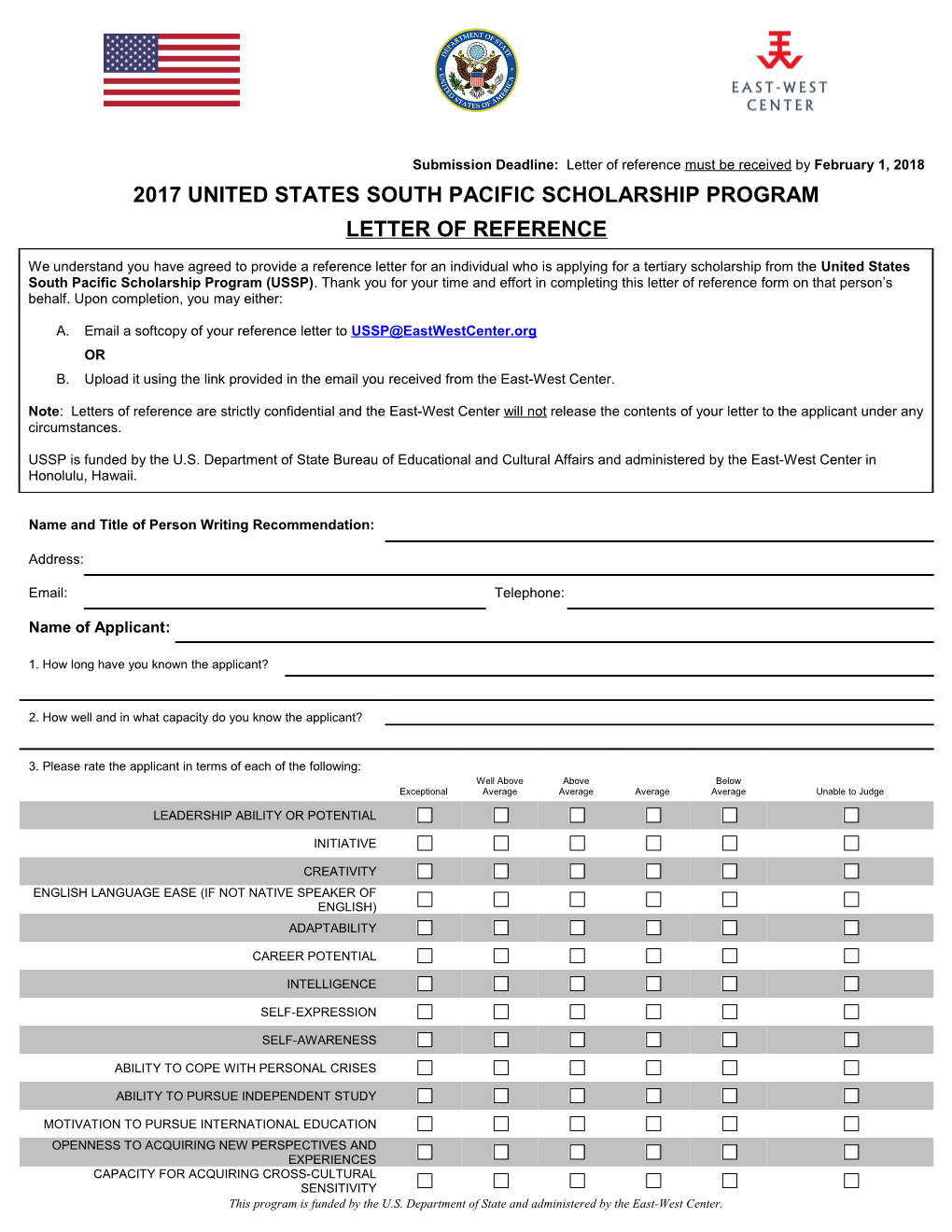 United States South Pacific Scholarship Program Letter of Reference