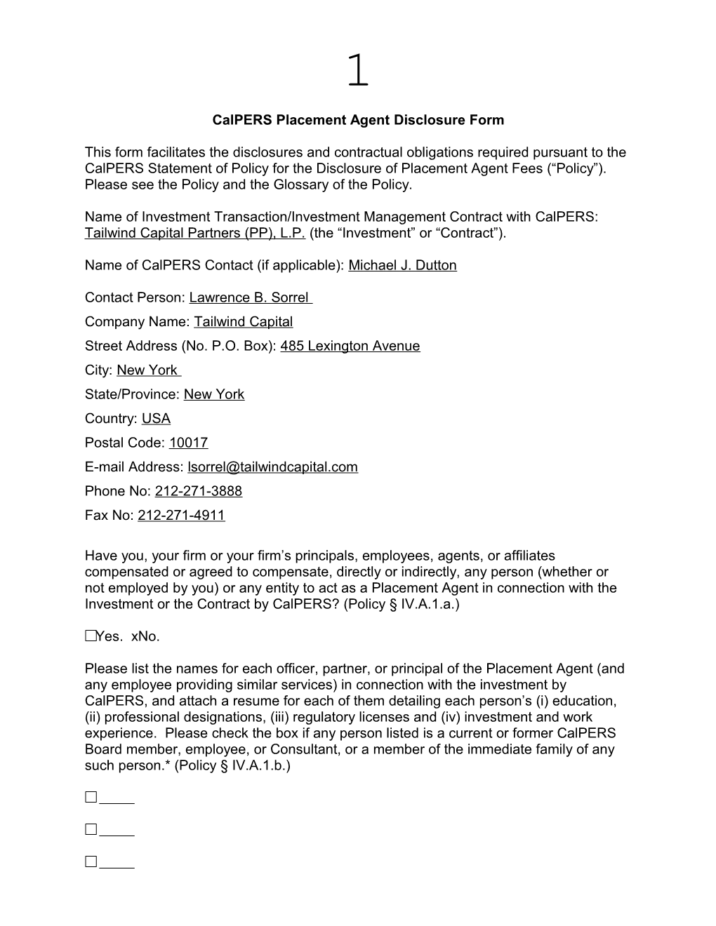 Calpers Placement Agent Disclosure Form