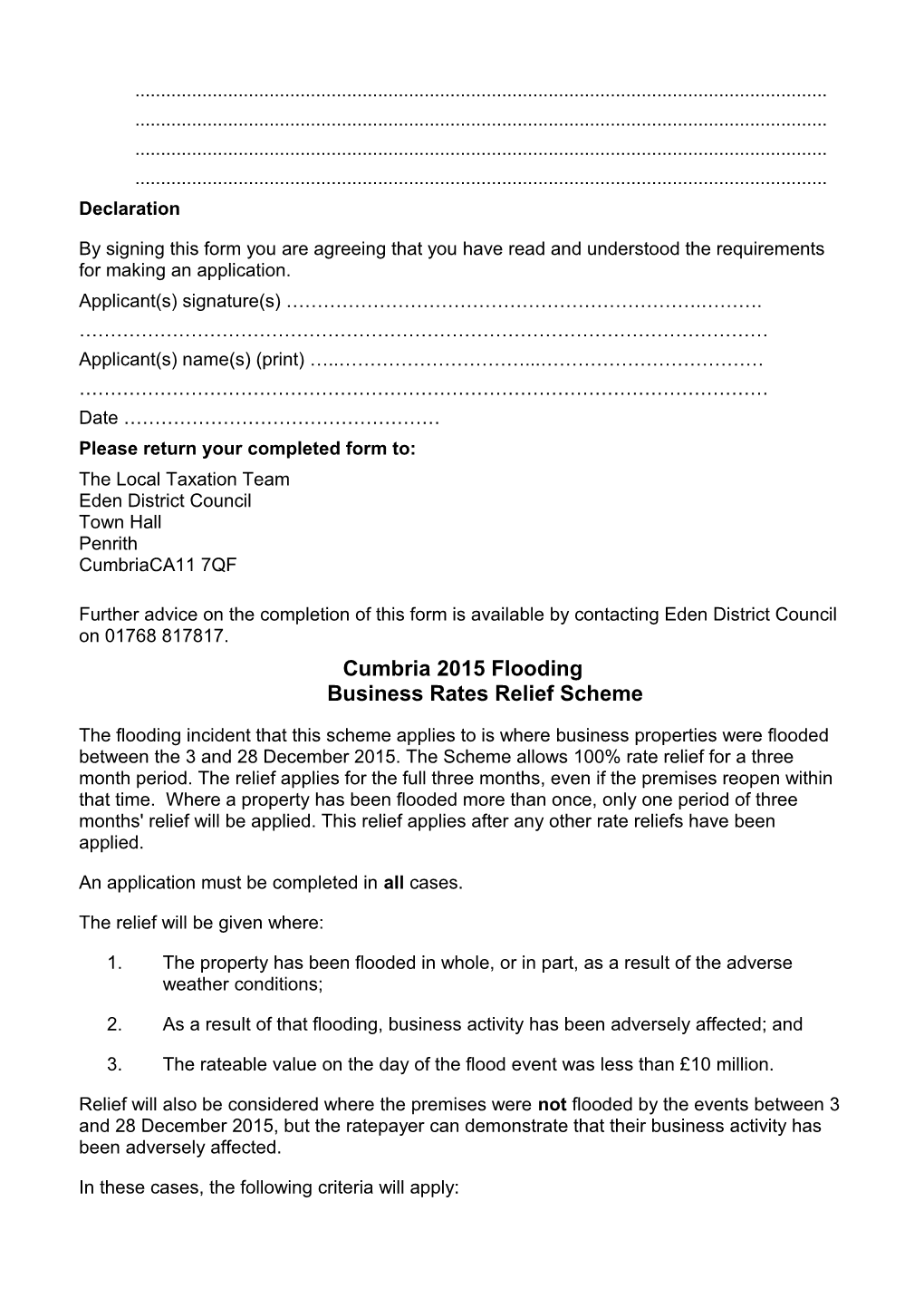 Cumbria 2015 Floodingbusiness Rates Relief Application Form