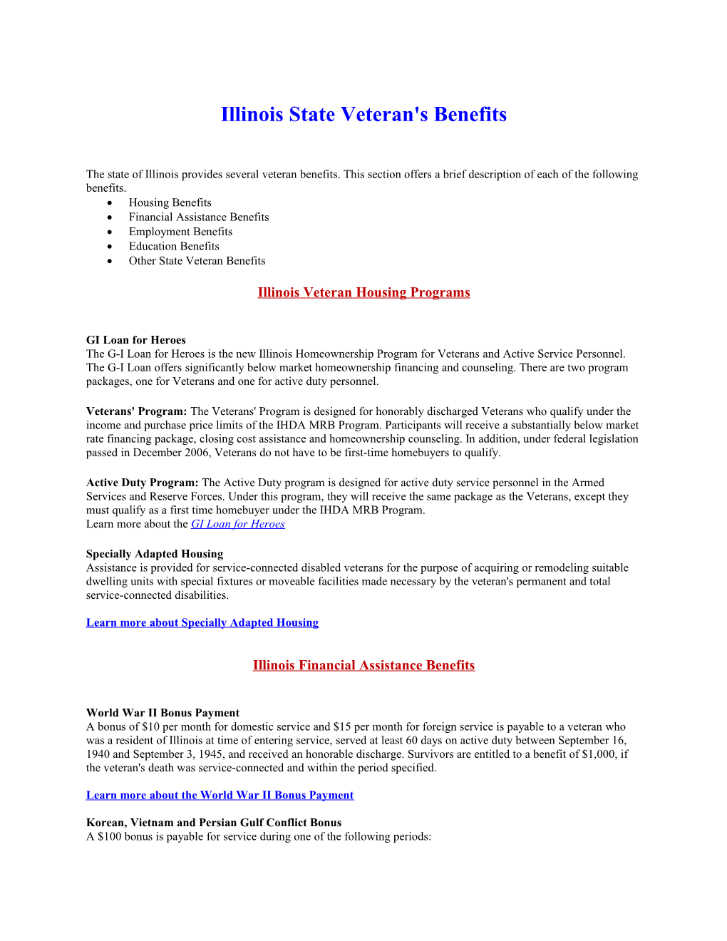 Illinois State Veteran's Benefits